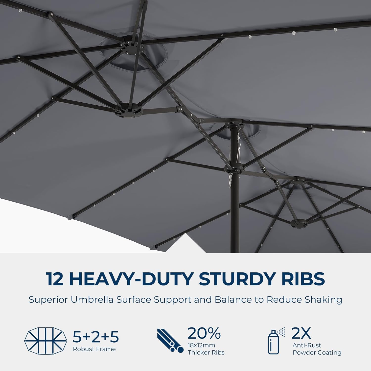 Dual-Sided Patio Umbrella, Solar LED Lights, Extra Large Market Umbrella with Base Included