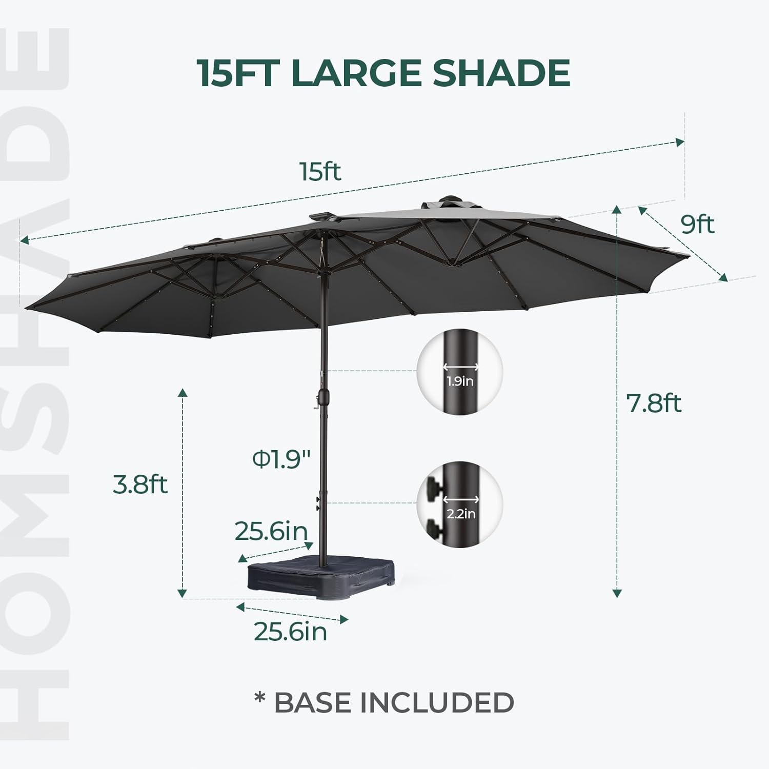 Dual-Sided Patio Umbrella, Solar LED Lights, Extra Large Market Umbrella with Base Included