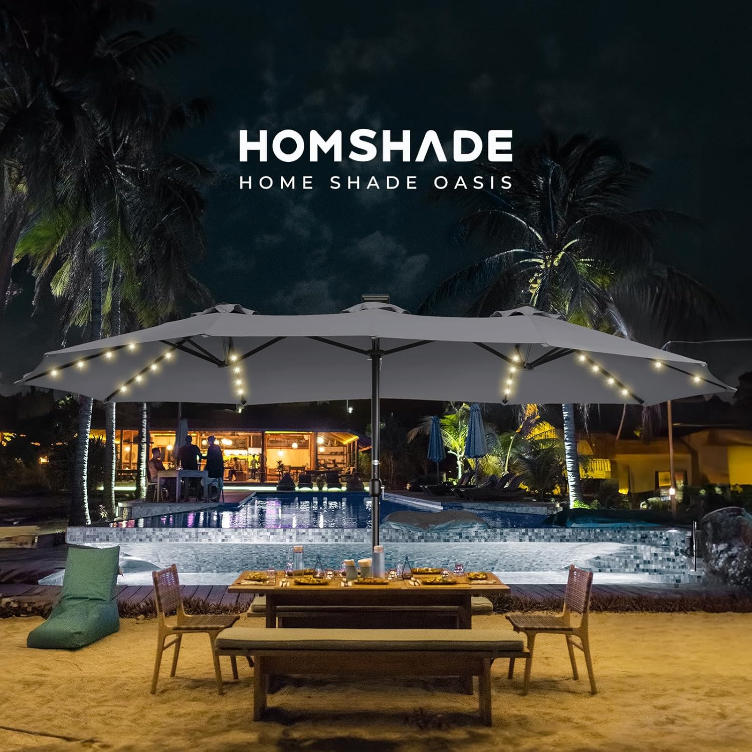 Dual-Sided Patio Umbrella, Solar LED Lights, Extra Large Market Umbrella with Base Included