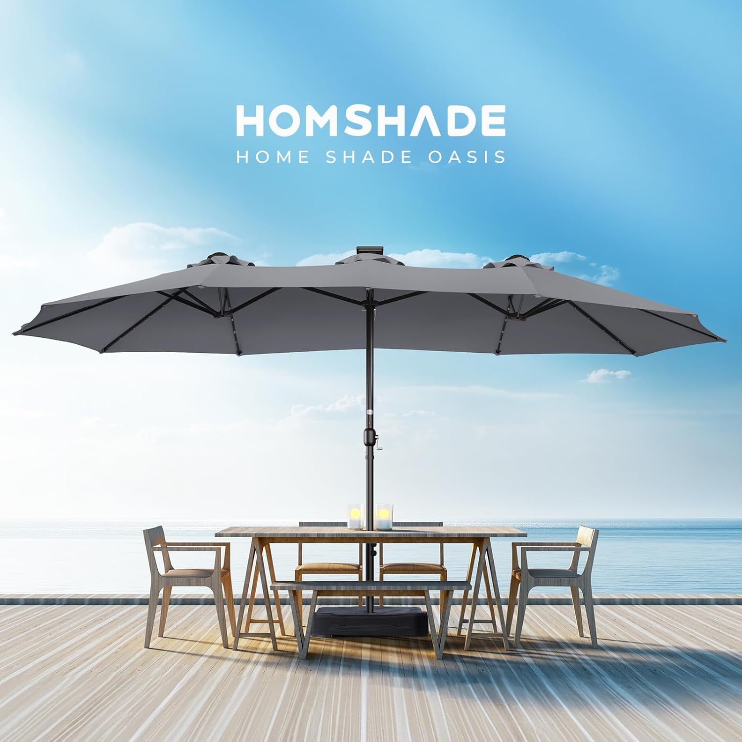 Dual-Sided Patio Umbrella, Solar LED Lights, Extra Large Market Umbrella with Base Included