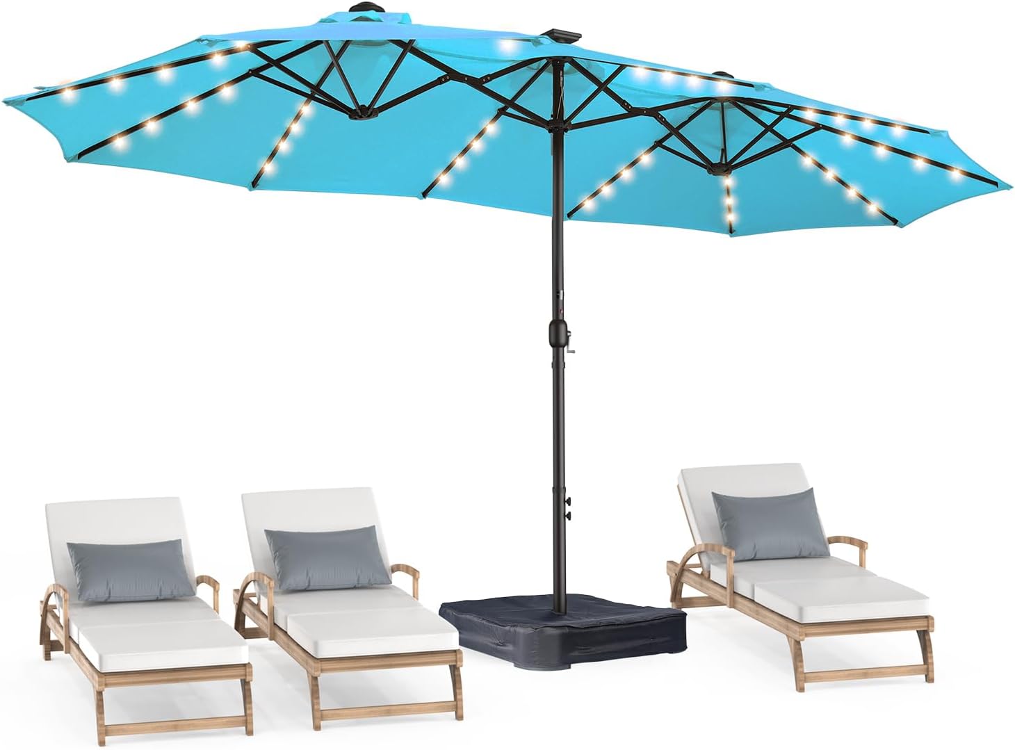 Dual-Sided Patio Umbrella, Solar LED Lights, Extra Large Market Umbrella with Base Included
