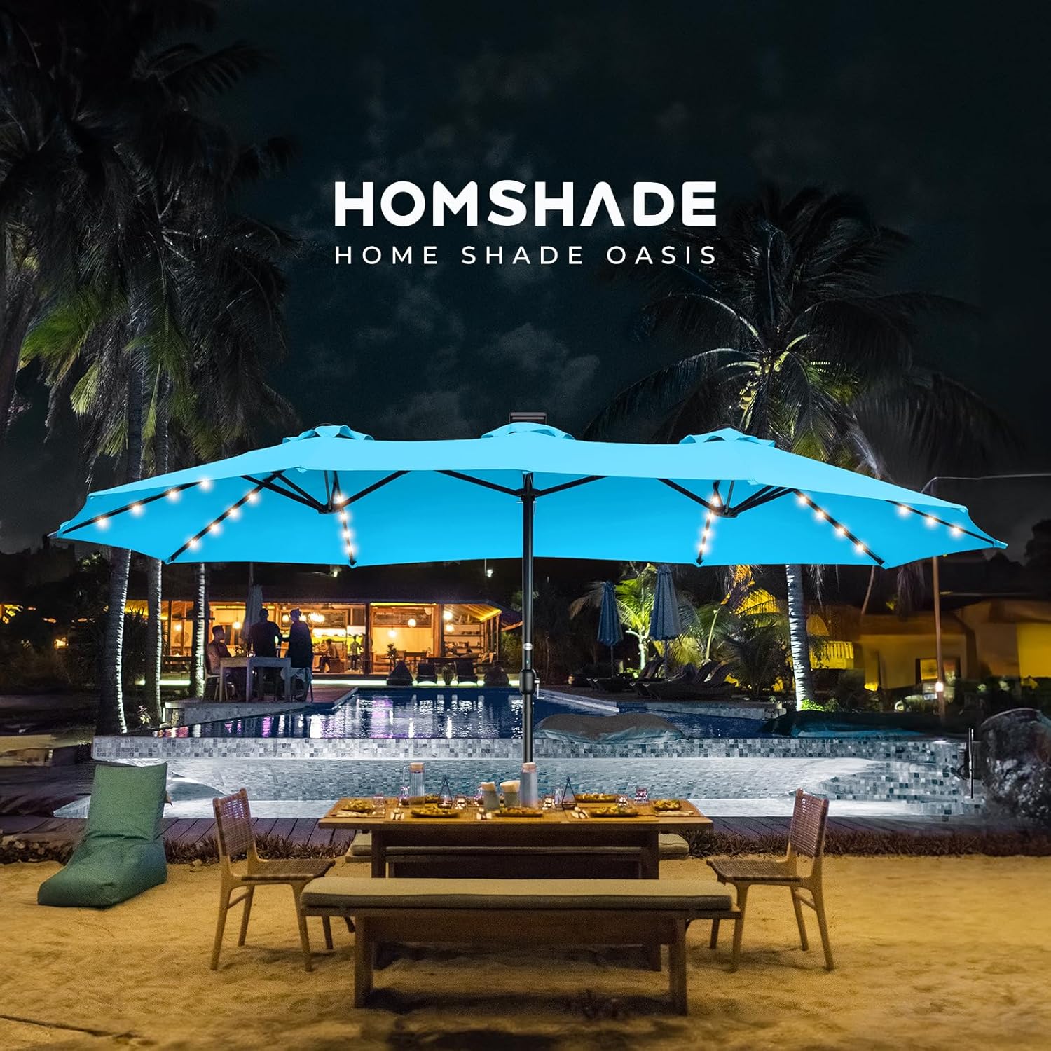 Dual-Sided Patio Umbrella, Solar LED Lights, Extra Large Market Umbrella with Base Included