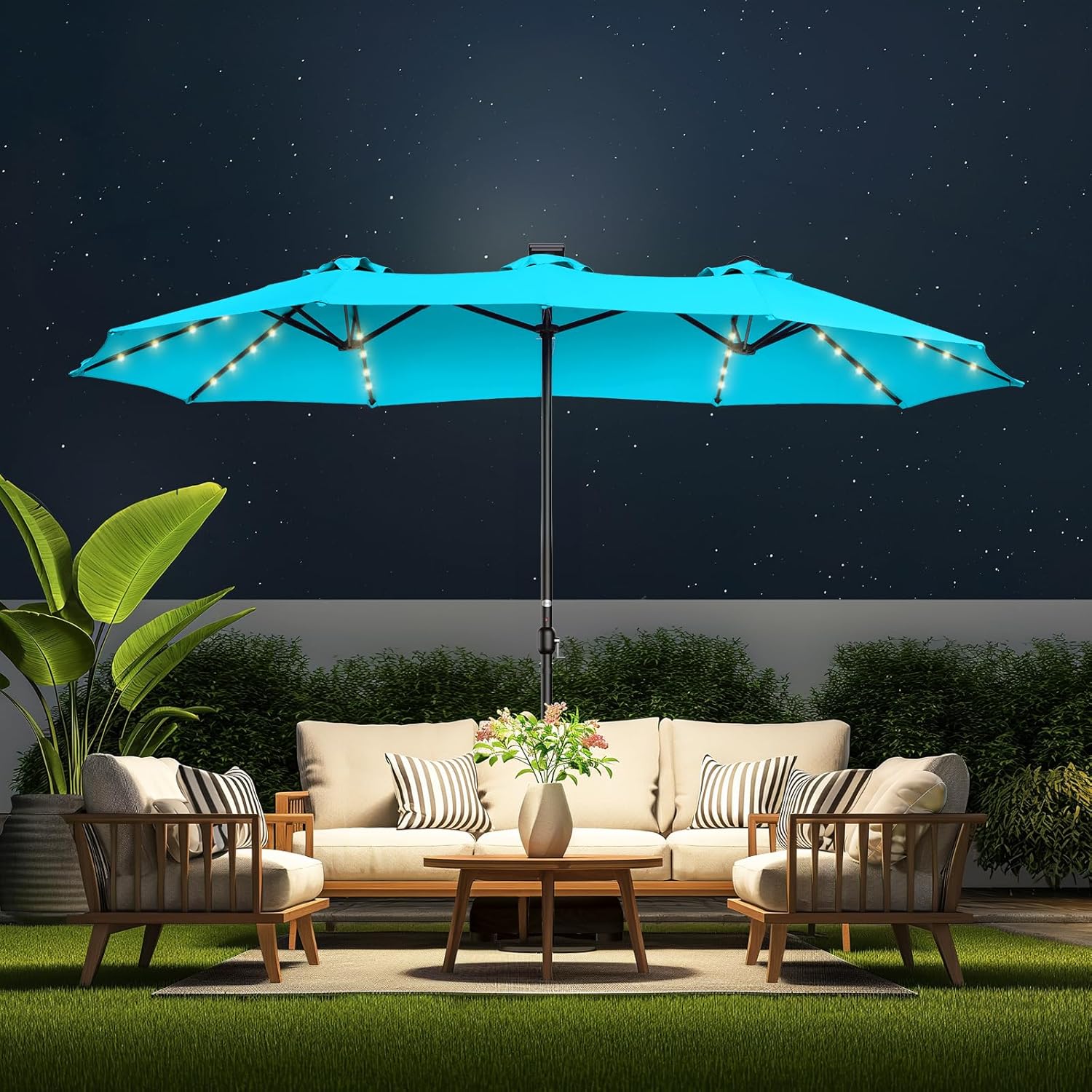 Dual-Sided Patio Umbrella, Solar LED Lights, Extra Large Market Umbrella with Base Included