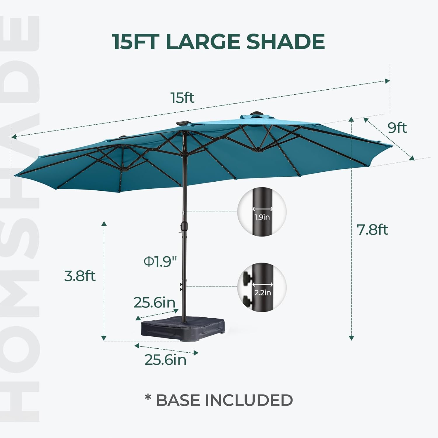 Dual-Sided Patio Umbrella, Solar LED Lights, Extra Large Market Umbrella with Base Included