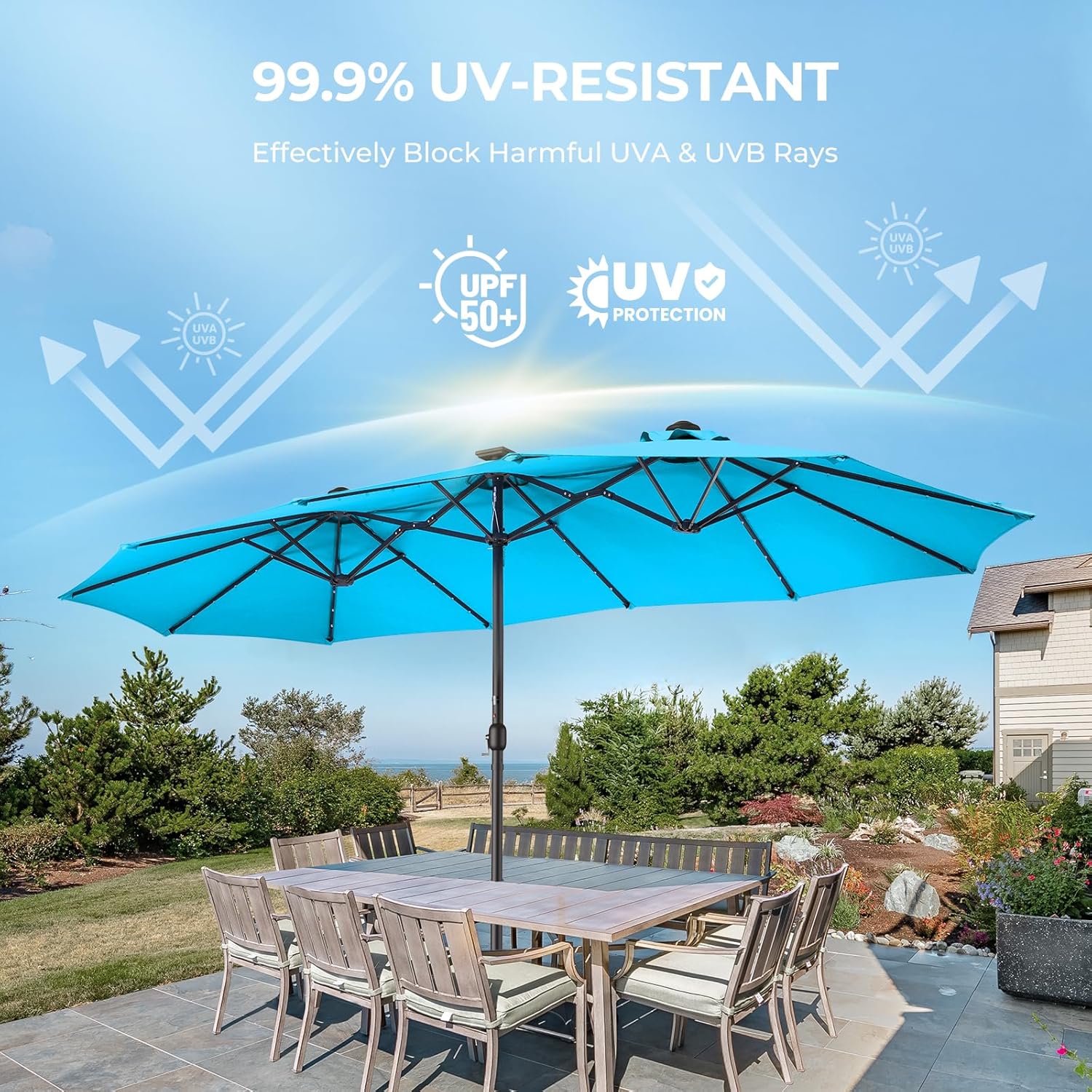 Dual-Sided Patio Umbrella, Solar LED Lights, Extra Large Market Umbrella with Base Included
