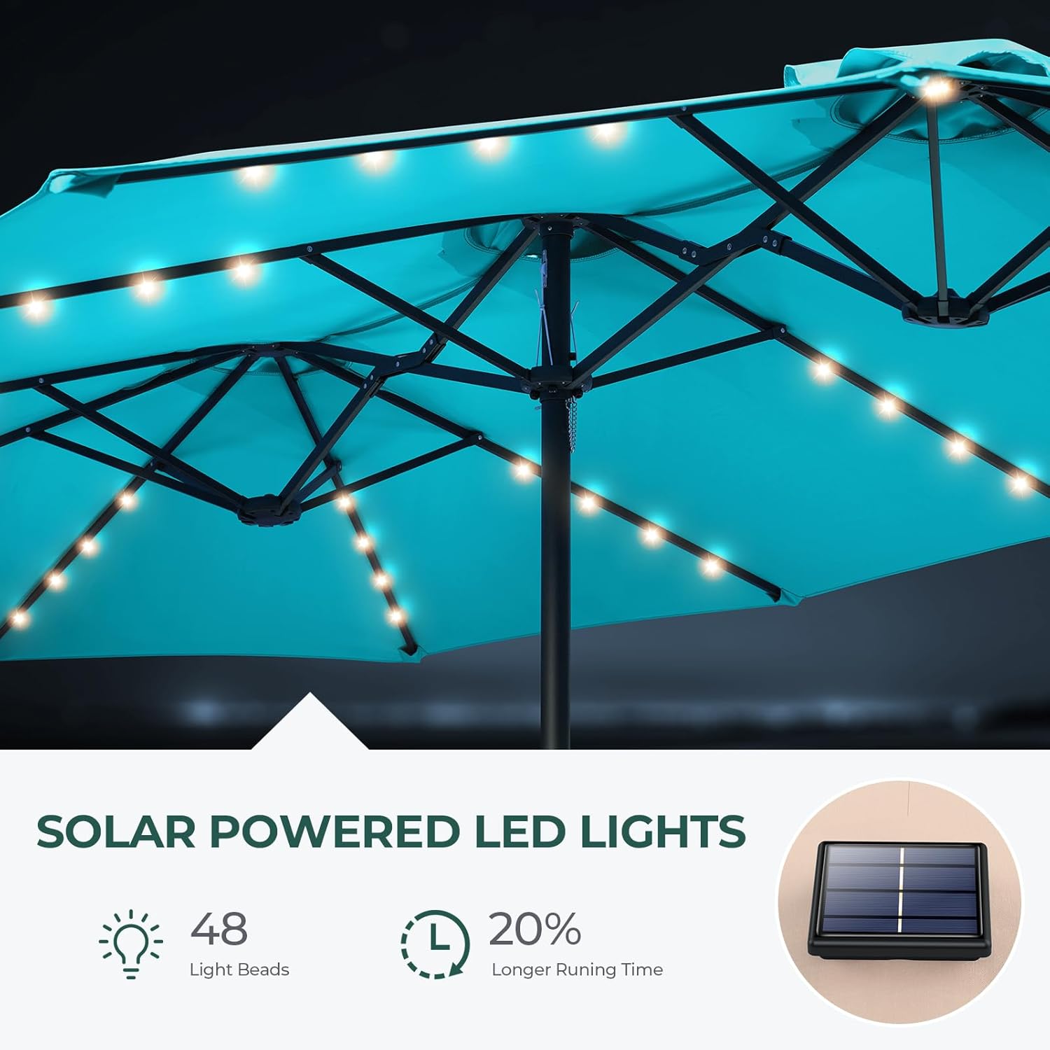Dual-Sided Patio Umbrella, Solar LED Lights, Extra Large Market Umbrella with Base Included