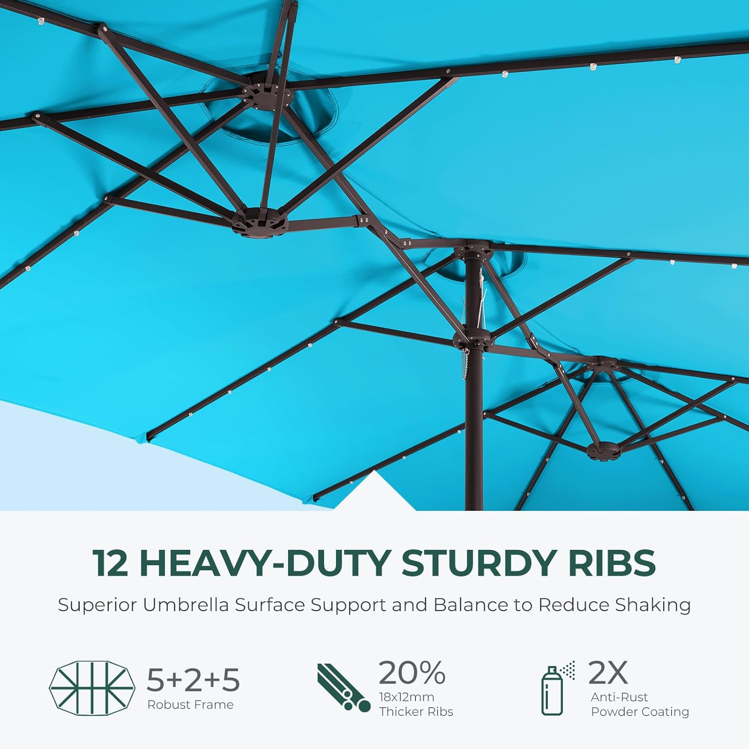 Dual-Sided Patio Umbrella, Solar LED Lights, Extra Large Market Umbrella with Base Included
