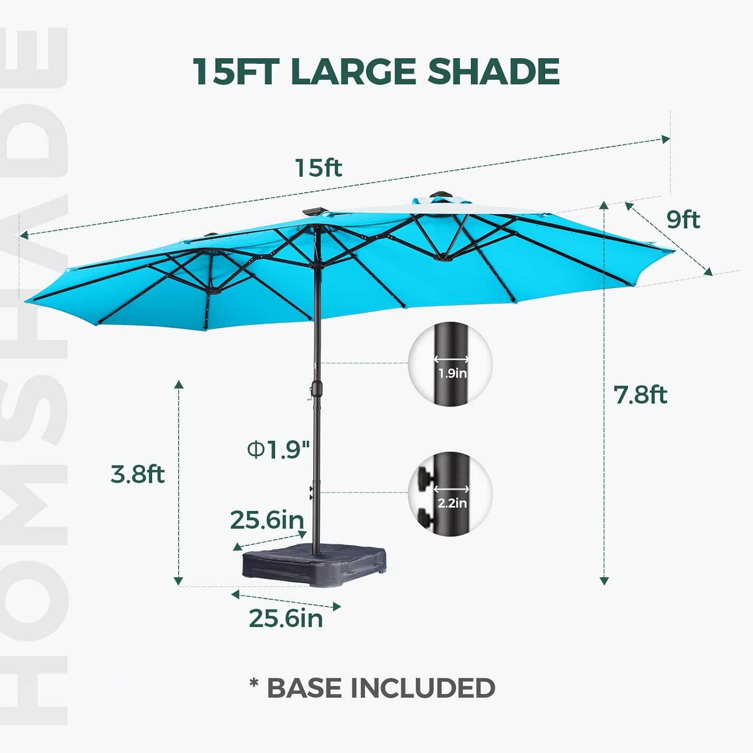 Dual-Sided Patio Umbrella, Solar LED Lights, Extra Large Market Umbrella with Base Included