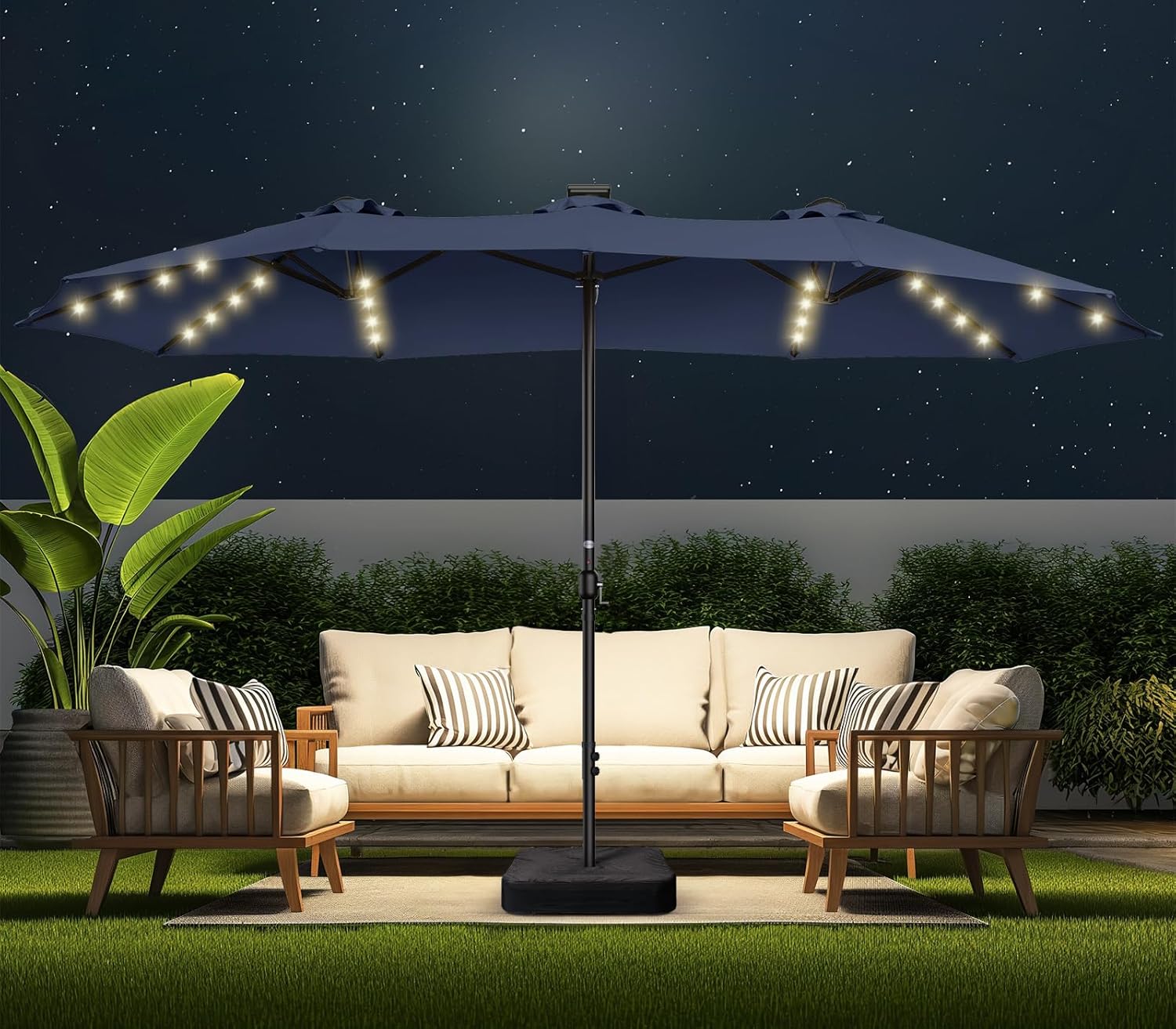 Dual-Sided Patio Umbrella, Solar LED Lights, Extra Large Market Umbrella with Base Included