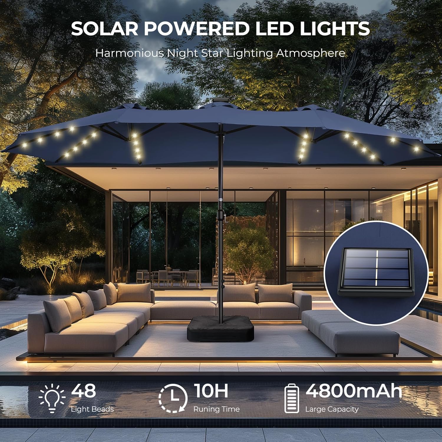 Dual-Sided Patio Umbrella, Solar LED Lights, Extra Large Market Umbrella with Base Included