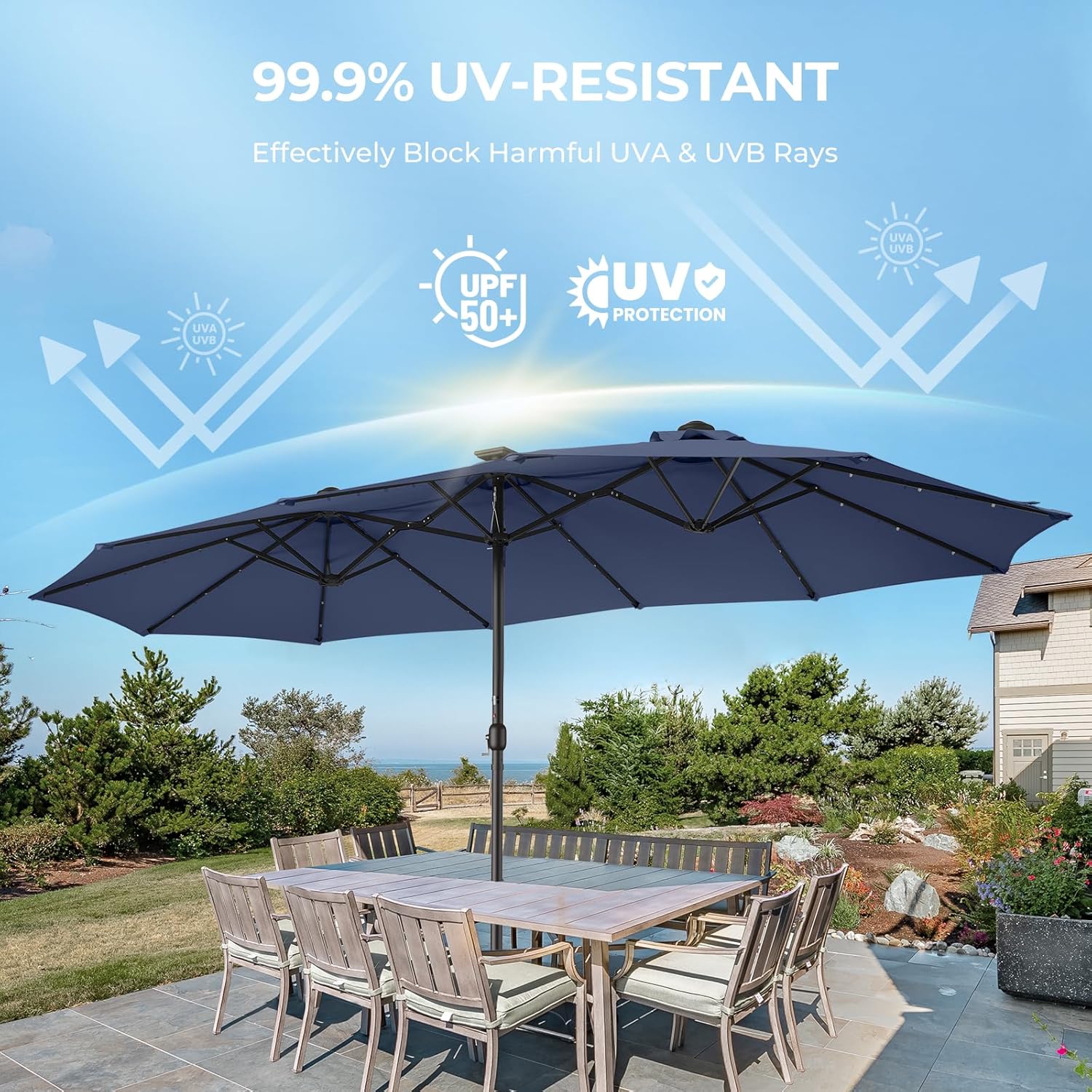 Dual-Sided Patio Umbrella, Solar LED Lights, Extra Large Market Umbrella with Base Included