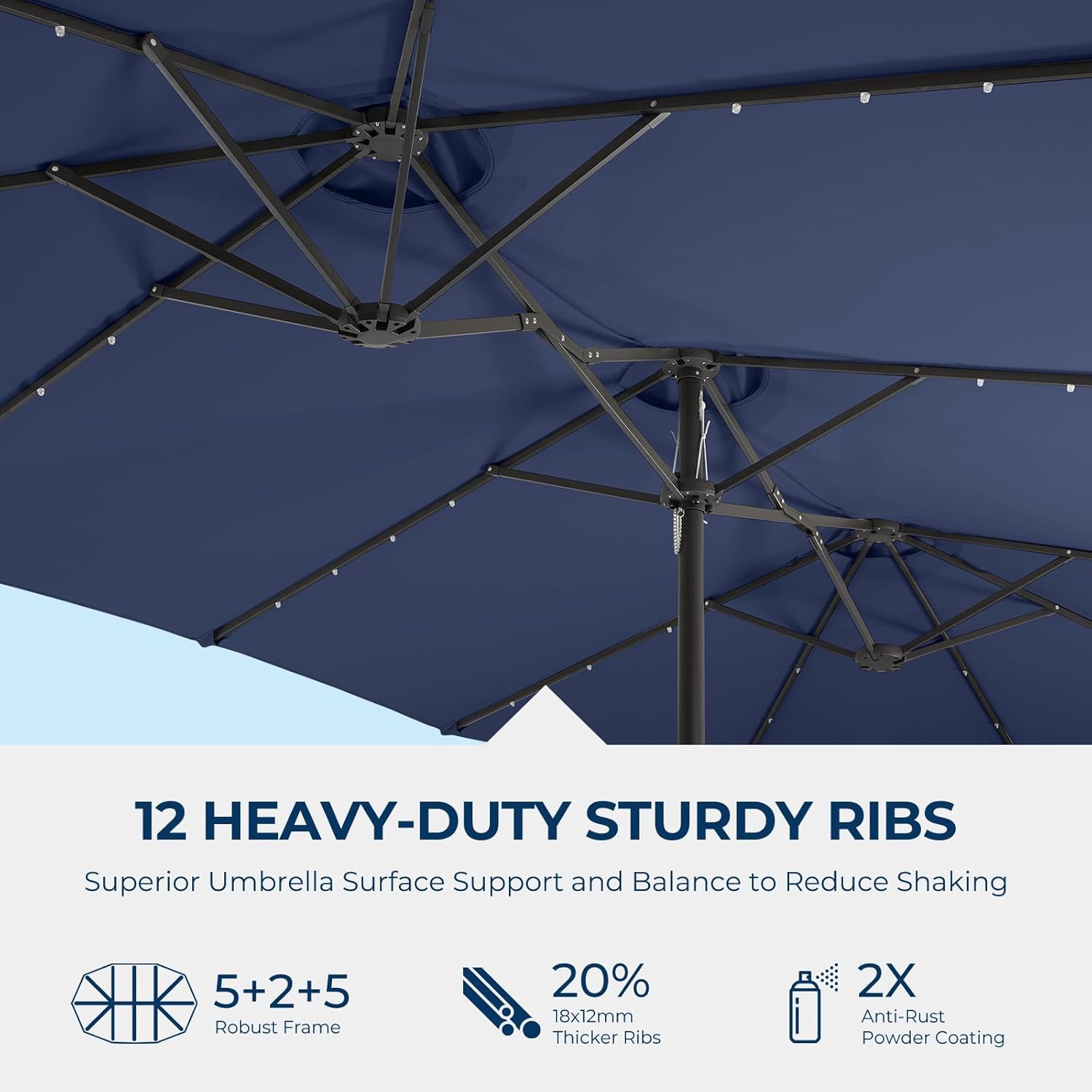 Dual-Sided Patio Umbrella, Solar LED Lights, Extra Large Market Umbrella with Base Included