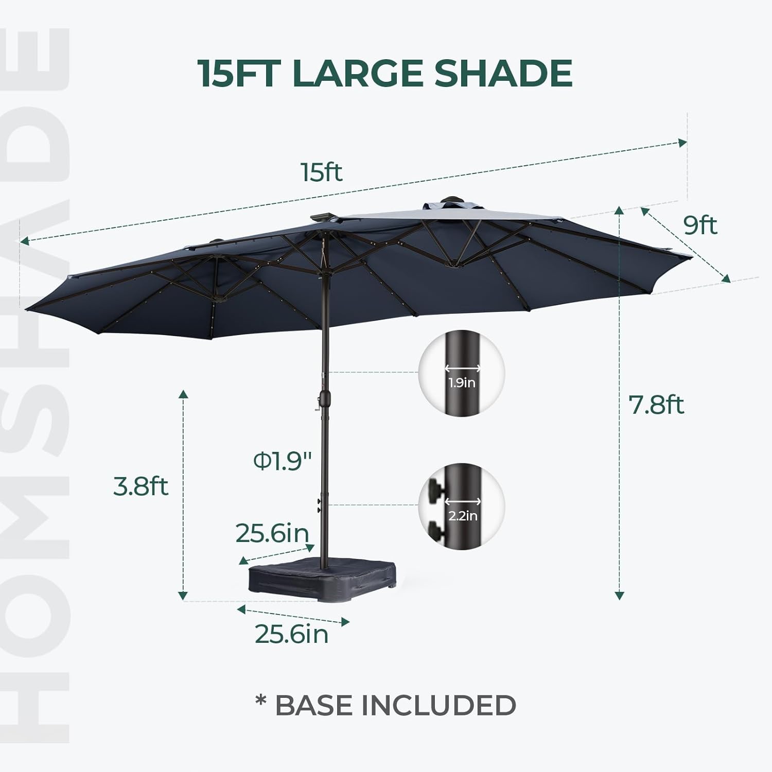 Dual-Sided Patio Umbrella, Solar LED Lights, Extra Large Market Umbrella with Base Included