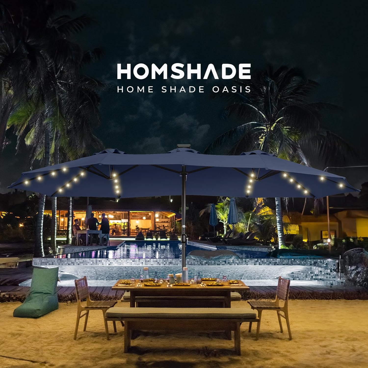 Dual-Sided Patio Umbrella, Solar LED Lights, Extra Large Market Umbrella with Base Included