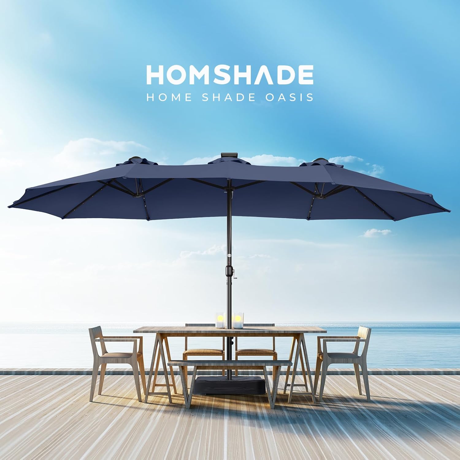 Dual-Sided Patio Umbrella, Solar LED Lights, Extra Large Market Umbrella with Base Included