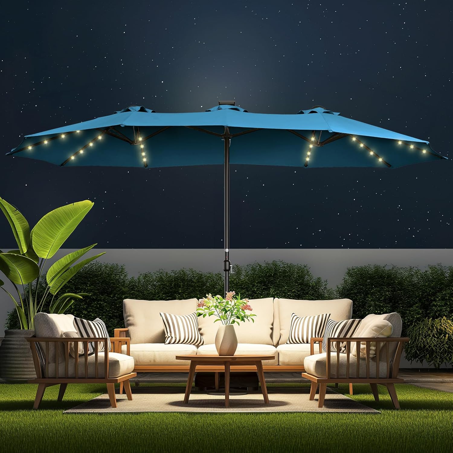 Dual-Sided Patio Umbrella, Solar LED Lights, Extra Large Market Umbrella with Base Included