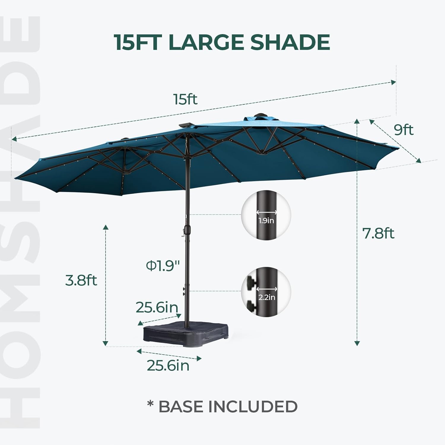 Dual-Sided Patio Umbrella, Solar LED Lights, Extra Large Market Umbrella with Base Included
