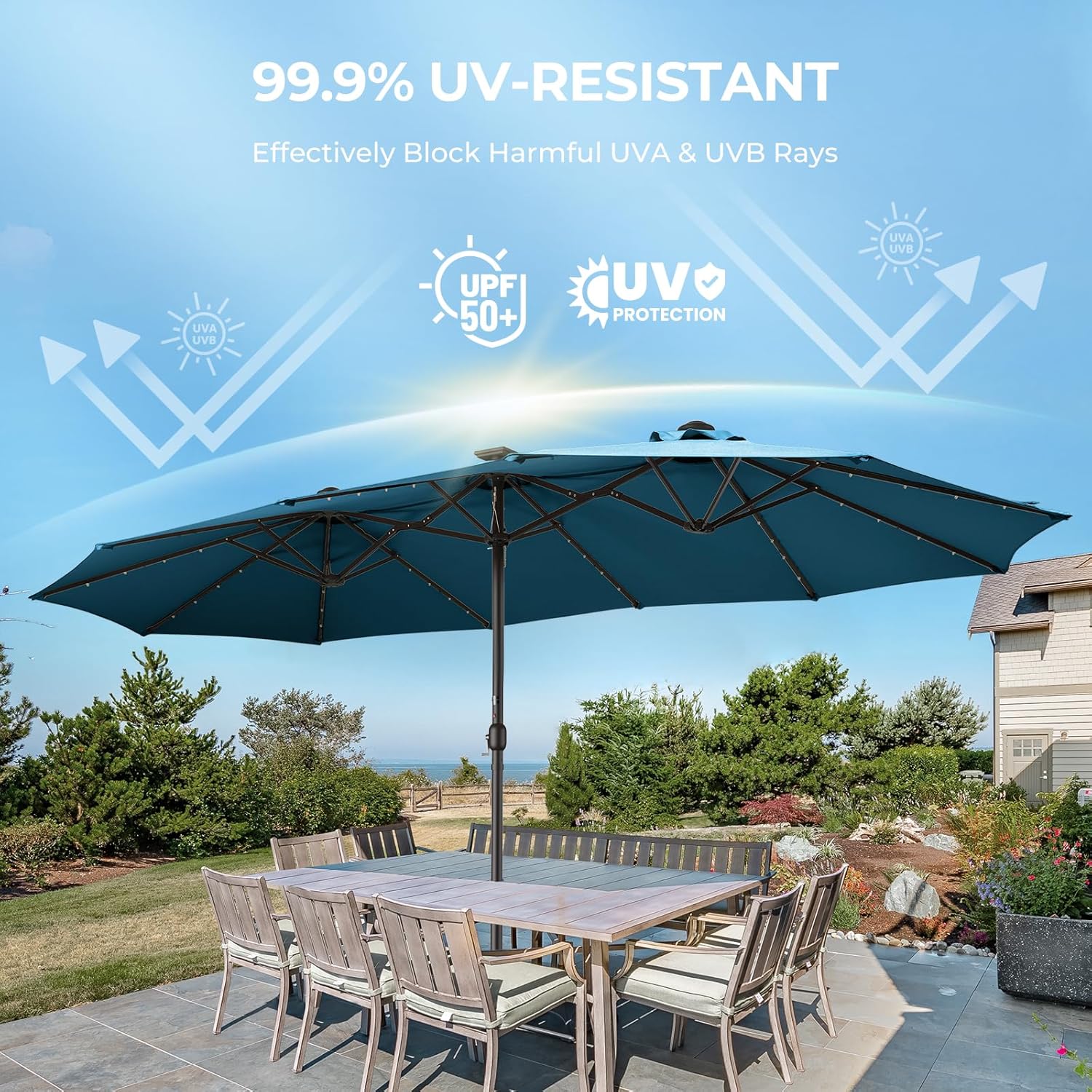 Dual-Sided Patio Umbrella, Solar LED Lights, Extra Large Market Umbrella with Base Included