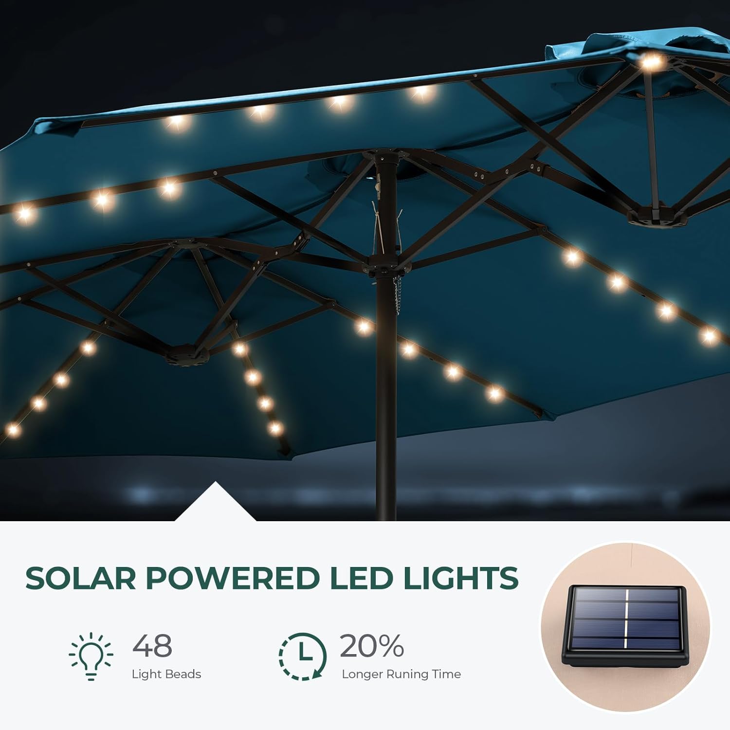 Dual-Sided Patio Umbrella, Solar LED Lights, Extra Large Market Umbrella with Base Included