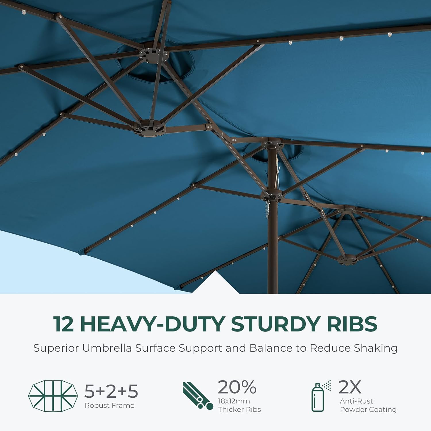 Dual-Sided Patio Umbrella, Solar LED Lights, Extra Large Market Umbrella with Base Included