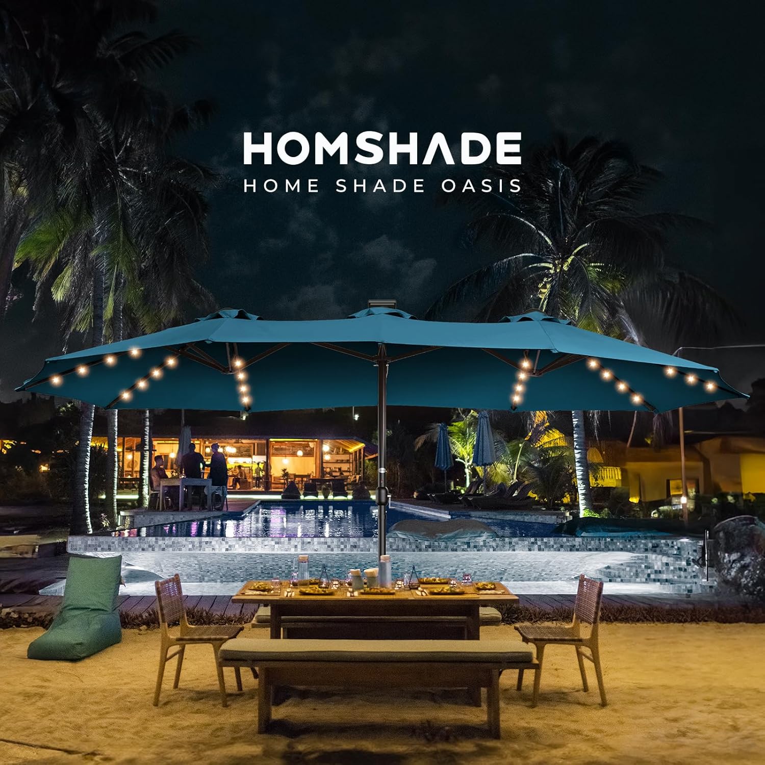 Dual-Sided Patio Umbrella, Solar LED Lights, Extra Large Market Umbrella with Base Included