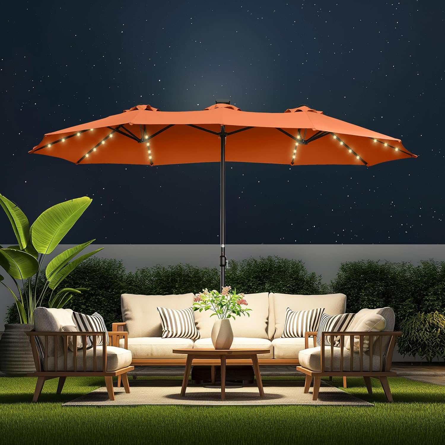 Dual-Sided Patio Umbrella, Solar LED Lights, Extra Large Market Umbrella with Base Included
