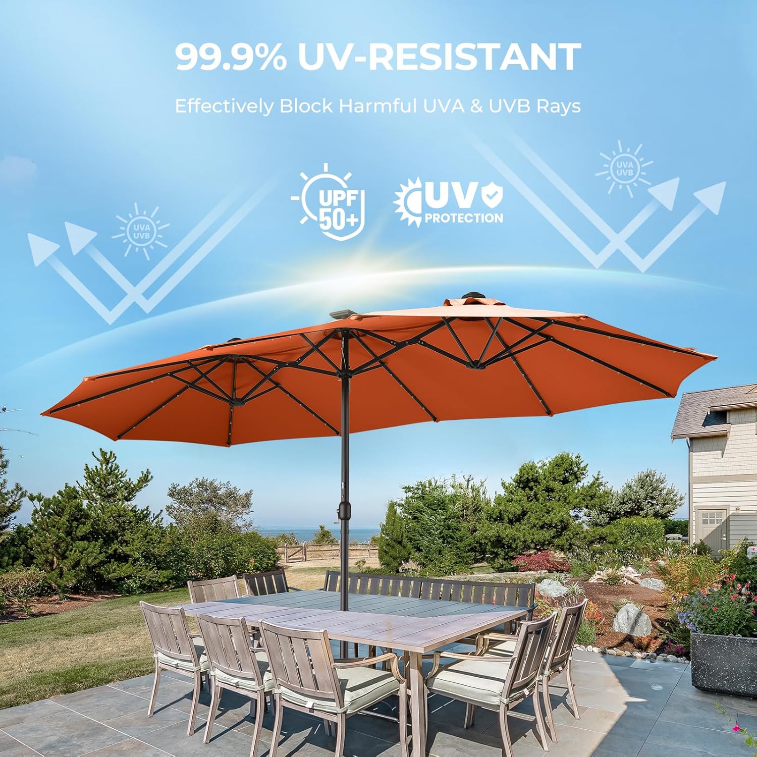 Dual-Sided Patio Umbrella, Solar LED Lights, Extra Large Market Umbrella with Base Included