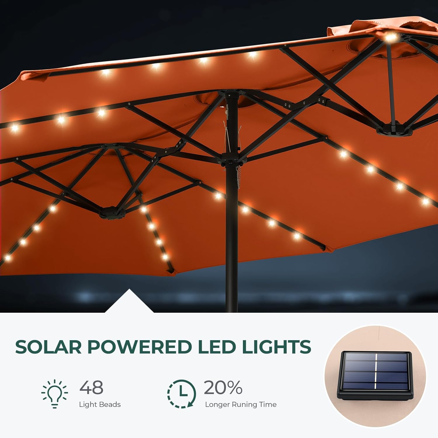 Dual-Sided Patio Umbrella, Solar LED Lights, Extra Large Market Umbrella with Base Included