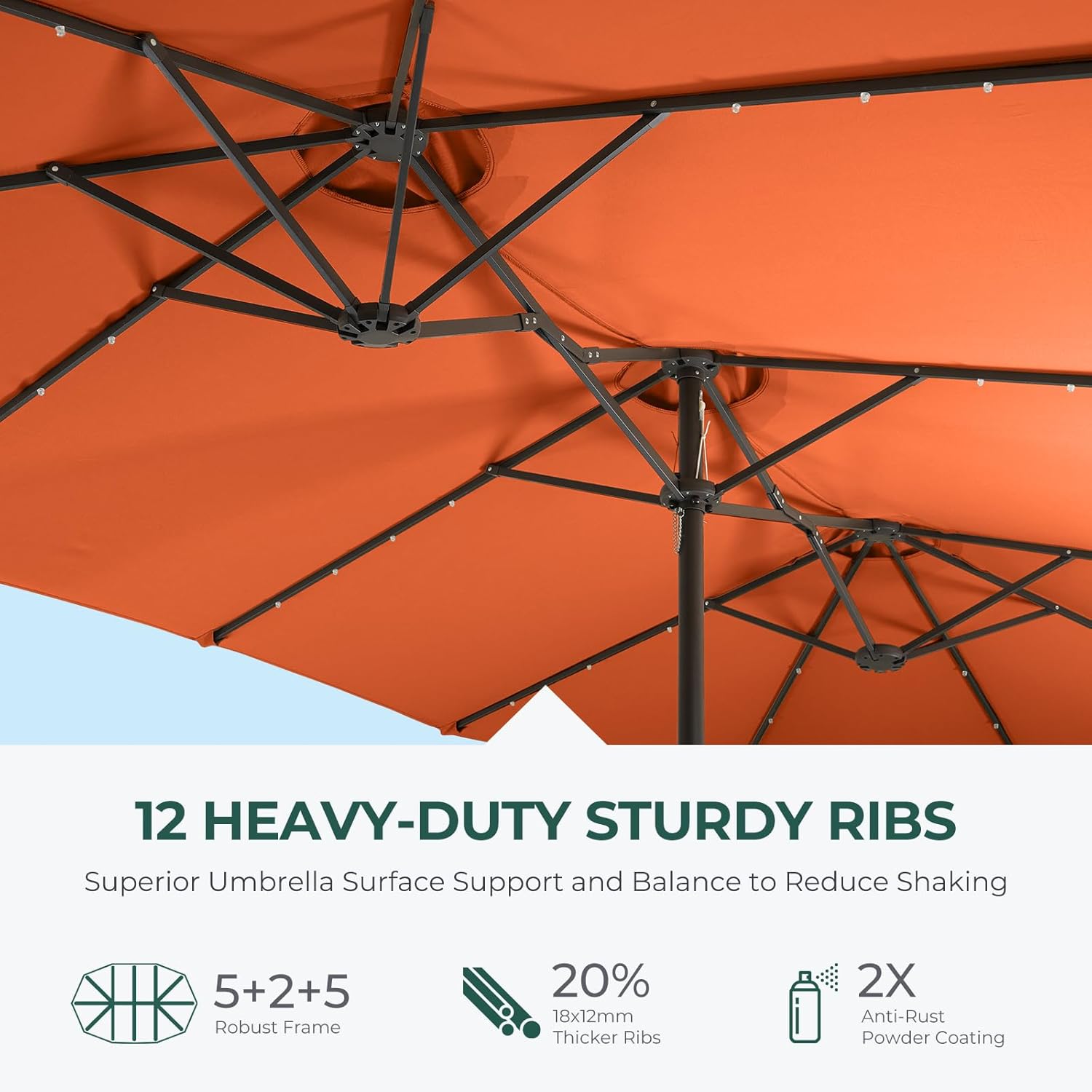 Dual-Sided Patio Umbrella, Solar LED Lights, Extra Large Market Umbrella with Base Included