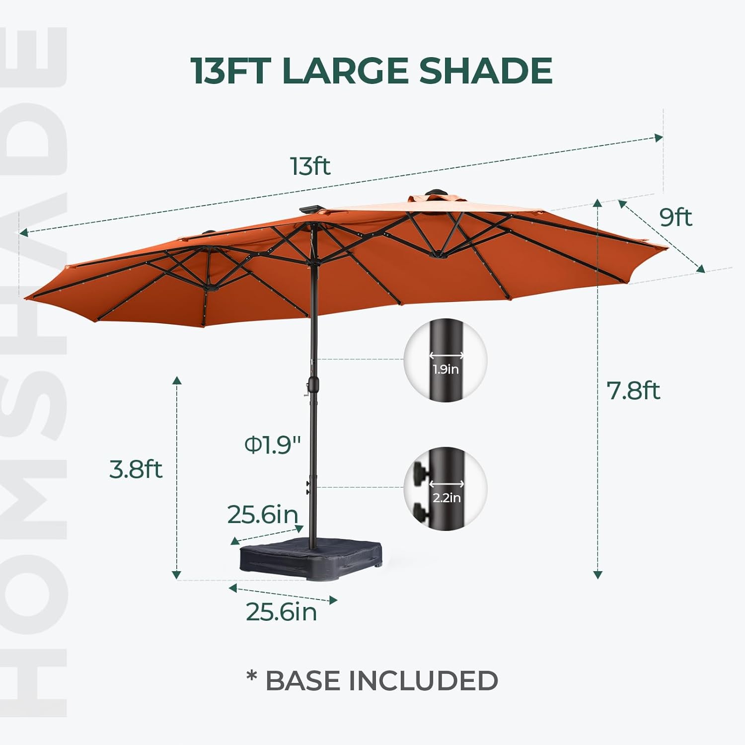 Dual-Sided Patio Umbrella, Solar LED Lights, Extra Large Market Umbrella with Base Included