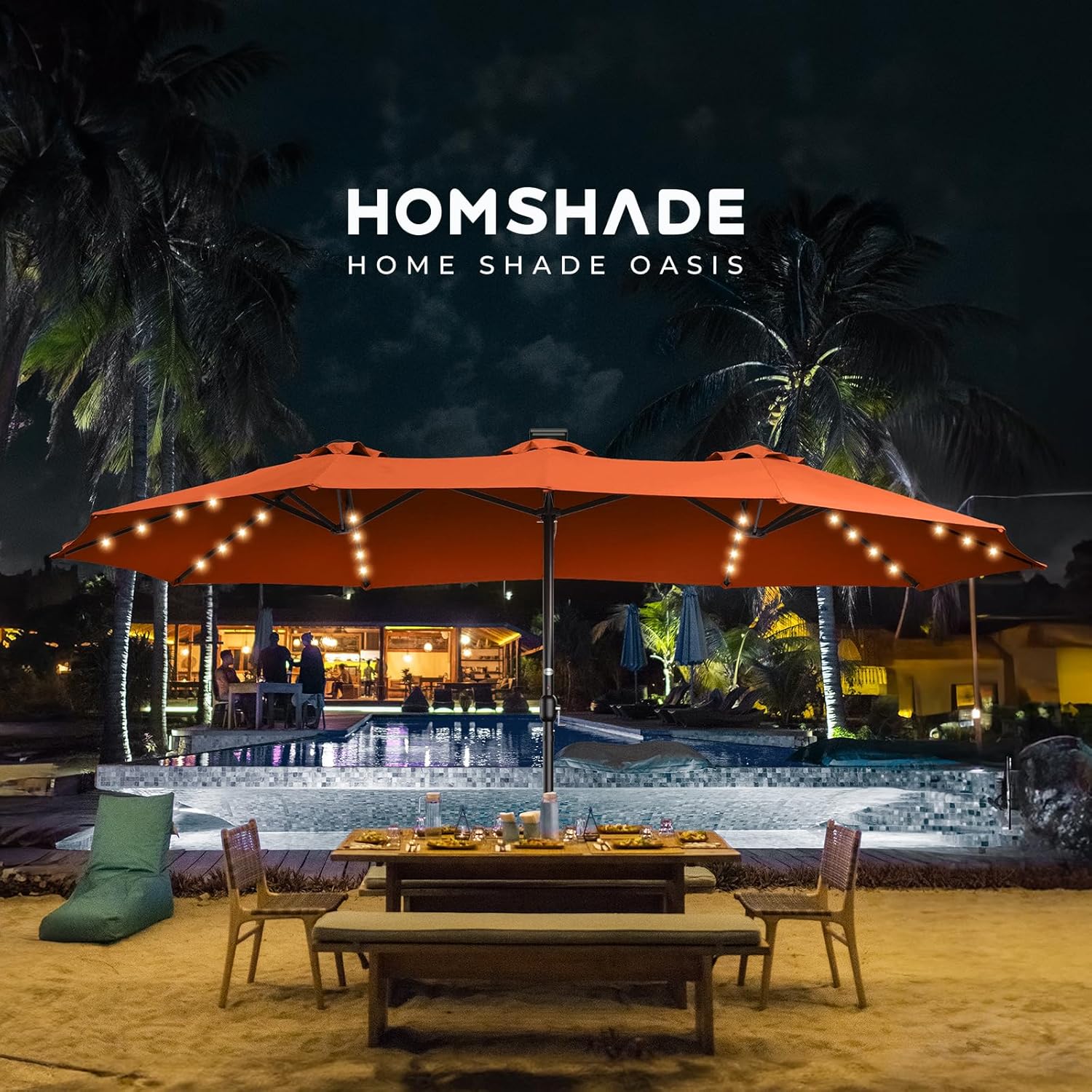 Dual-Sided Patio Umbrella, Solar LED Lights, Extra Large Market Umbrella with Base Included