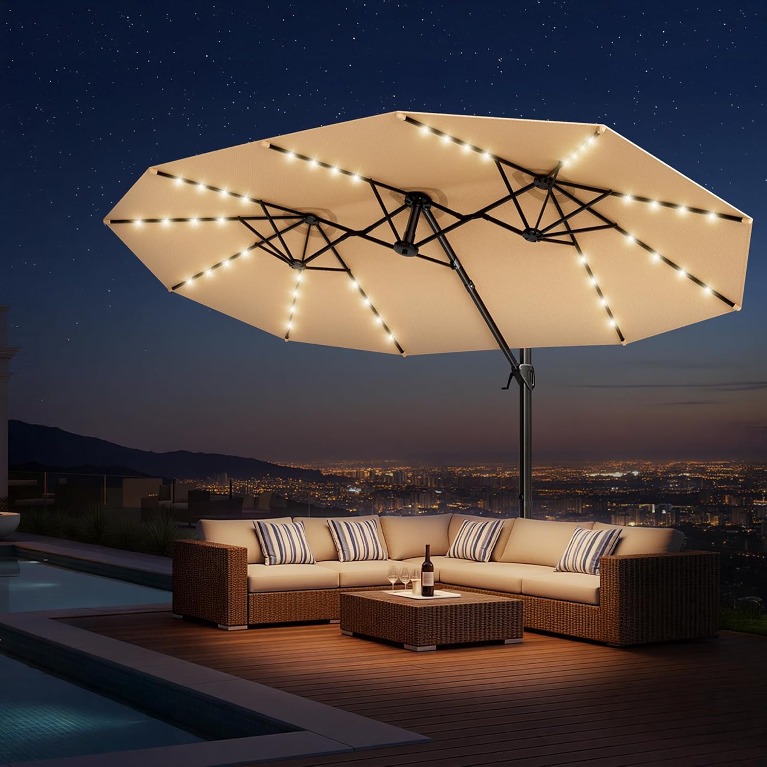 HY41LBO 15FT Cantilever Double Sided Patio Umbrella with Base, 360° Rotation Solar LED Large Offset Umbrella