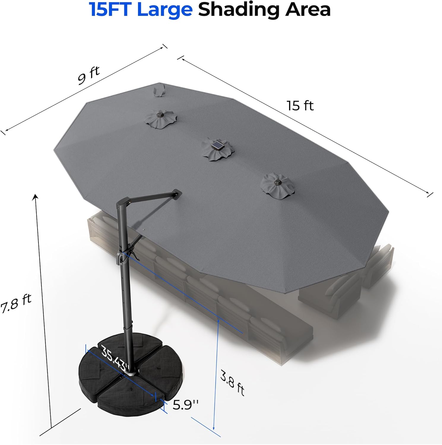 HY41LBO 15FT Cantilever Double Sided Patio Umbrella with Base, 360° Rotation Solar LED Large Offset Umbrella