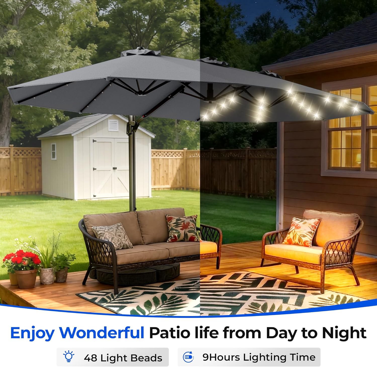 HY41LBO 15FT Cantilever Double Sided Patio Umbrella with Base, 360° Rotation Solar LED Large Offset Umbrella