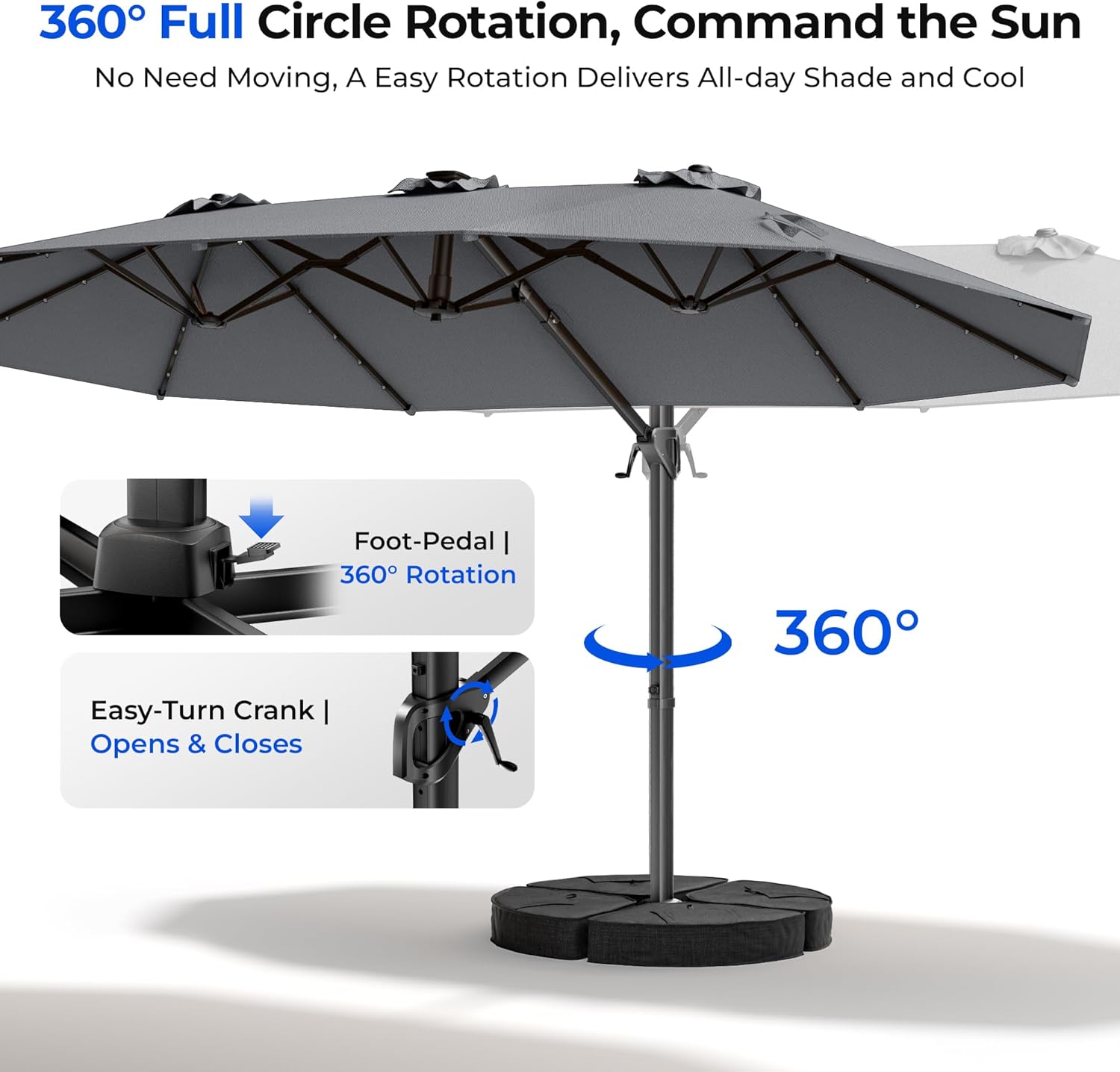 HY41LBO 15FT Cantilever Double Sided Patio Umbrella with Base, 360° Rotation Solar LED Large Offset Umbrella