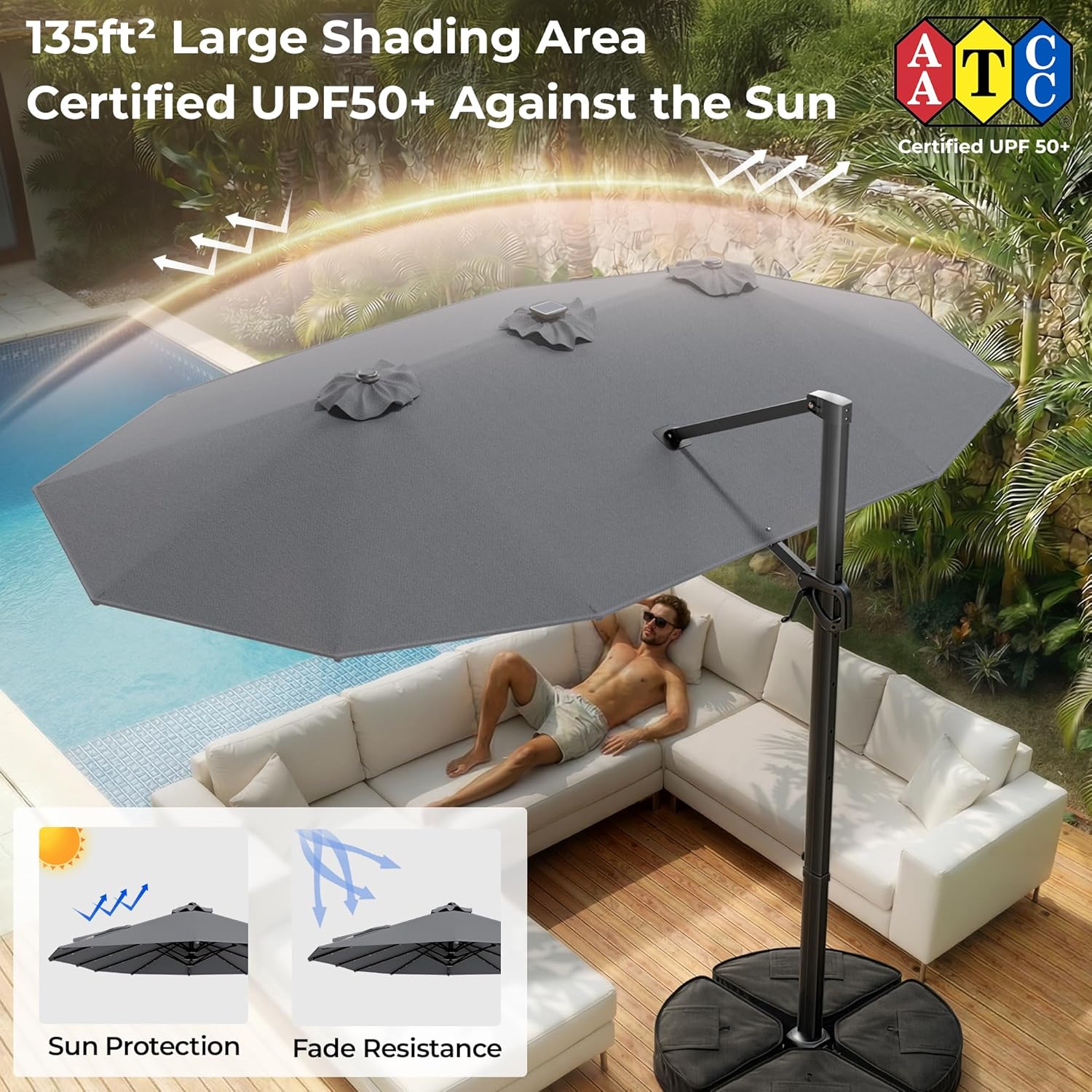 HY41LBO 15FT Cantilever Double Sided Patio Umbrella with Base, 360° Rotation Solar LED Large Offset Umbrella