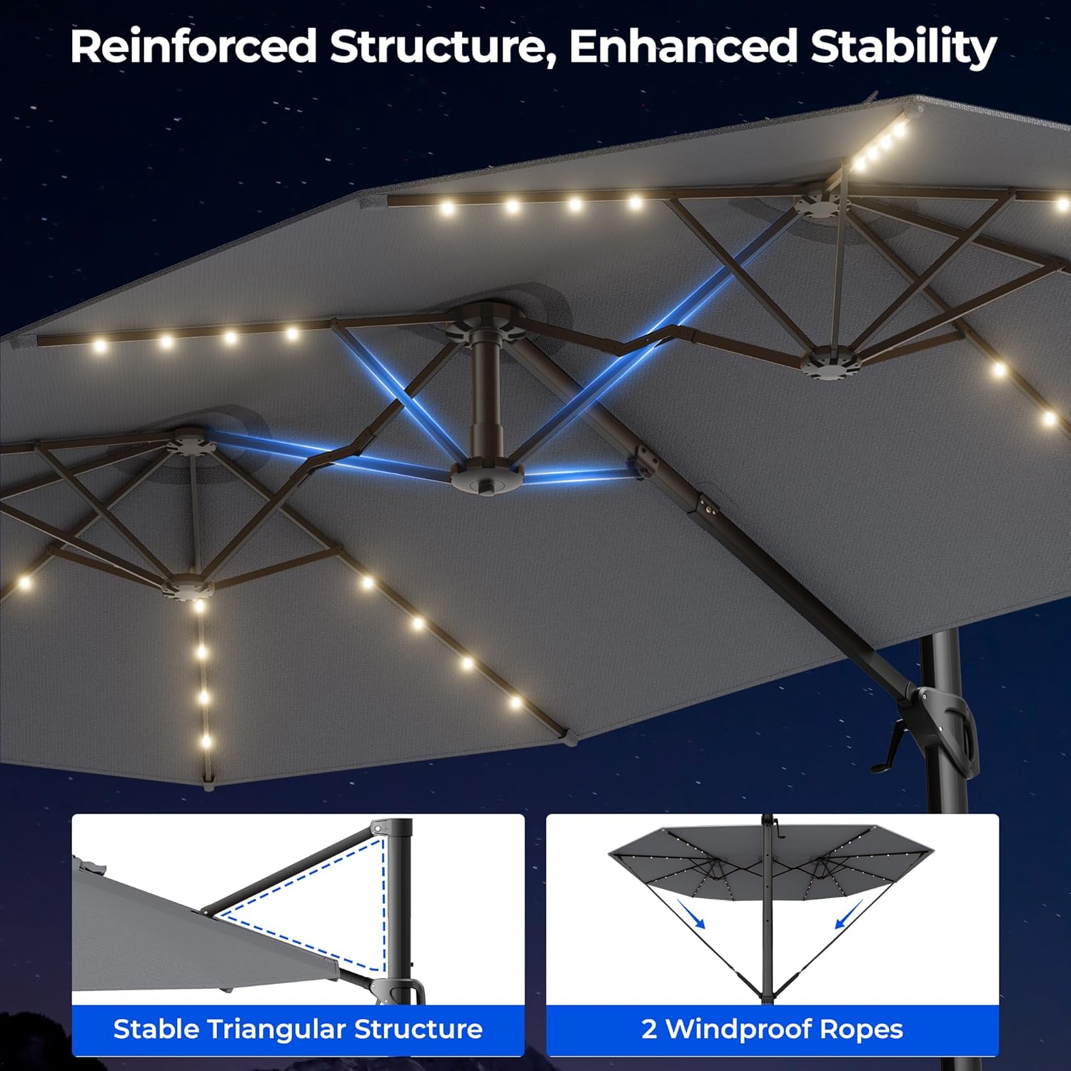 HY41LBO 15FT Cantilever Double Sided Patio Umbrella with Base, 360° Rotation Solar LED Large Offset Umbrella