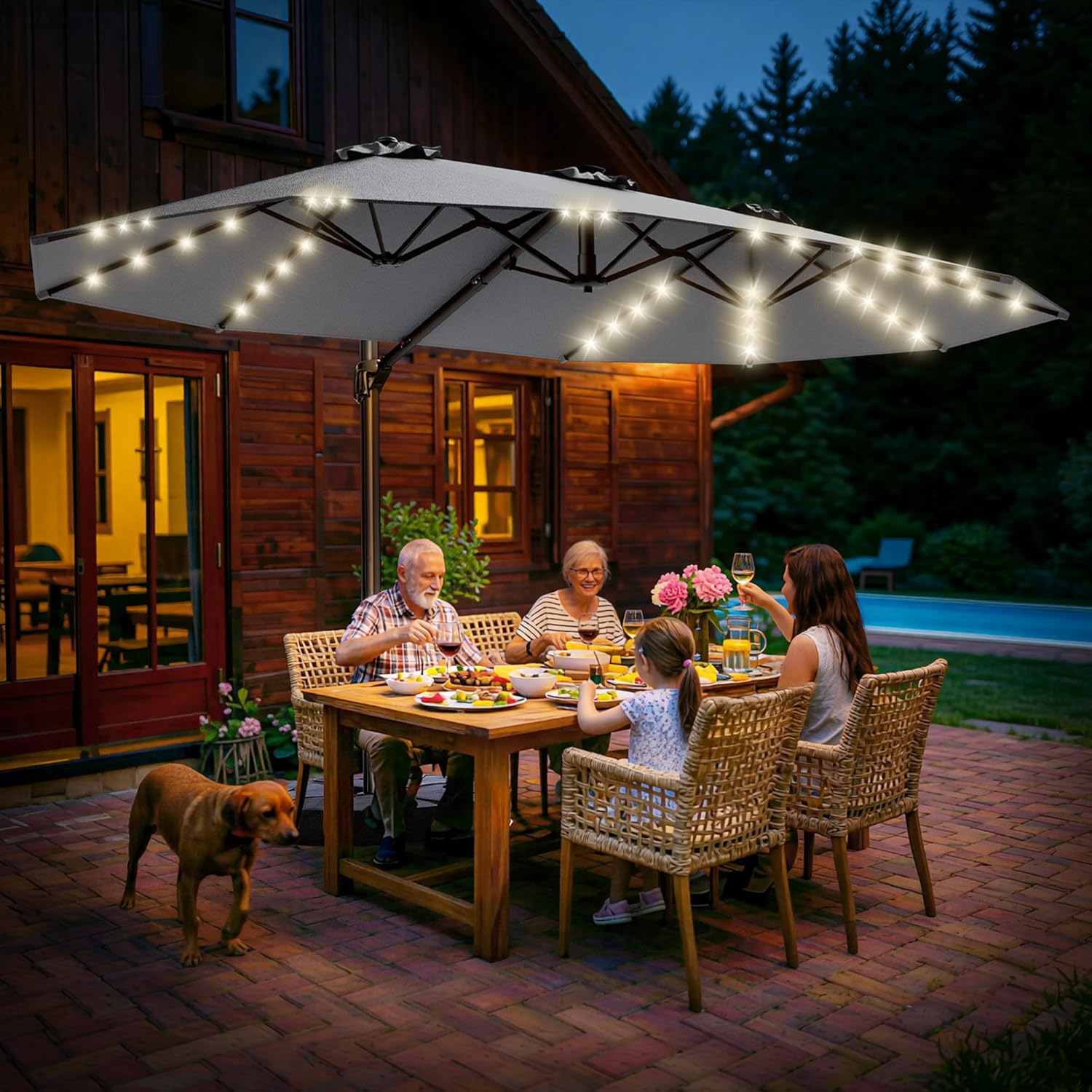 HY41LBO 15FT Cantilever Double Sided Patio Umbrella with Base, 360° Rotation Solar LED Large Offset Umbrella