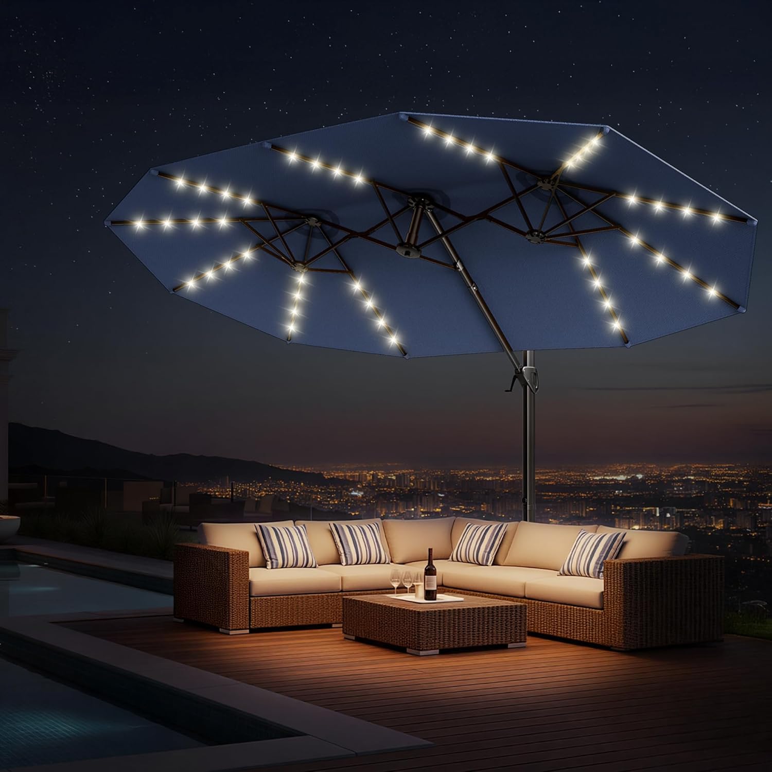 HY41LBO 15FT Cantilever Double Sided Patio Umbrella with Base, 360° Rotation Solar LED Large Offset Umbrella