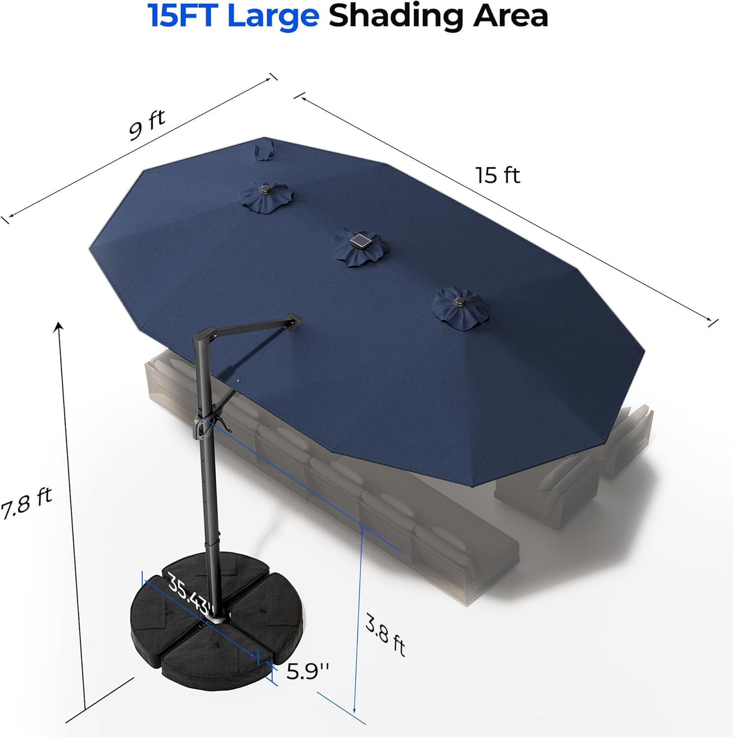 HY41LBO 15FT Cantilever Double Sided Patio Umbrella with Base, 360° Rotation Solar LED Large Offset Umbrella