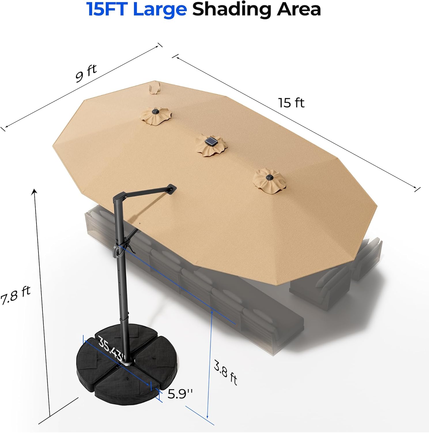 HY41LBO 15FT Cantilever Double Sided Patio Umbrella with Base, 360° Rotation Solar LED Large Offset Umbrella