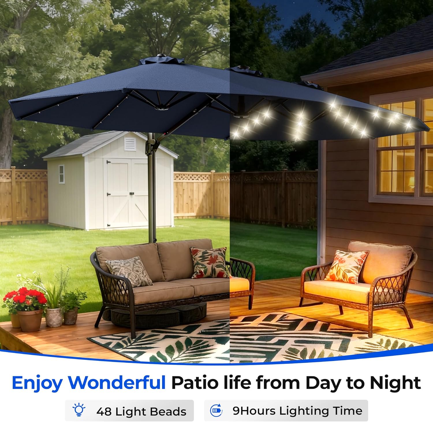 HY41LBO 15FT Cantilever Double Sided Patio Umbrella with Base, 360° Rotation Solar LED Large Offset Umbrella