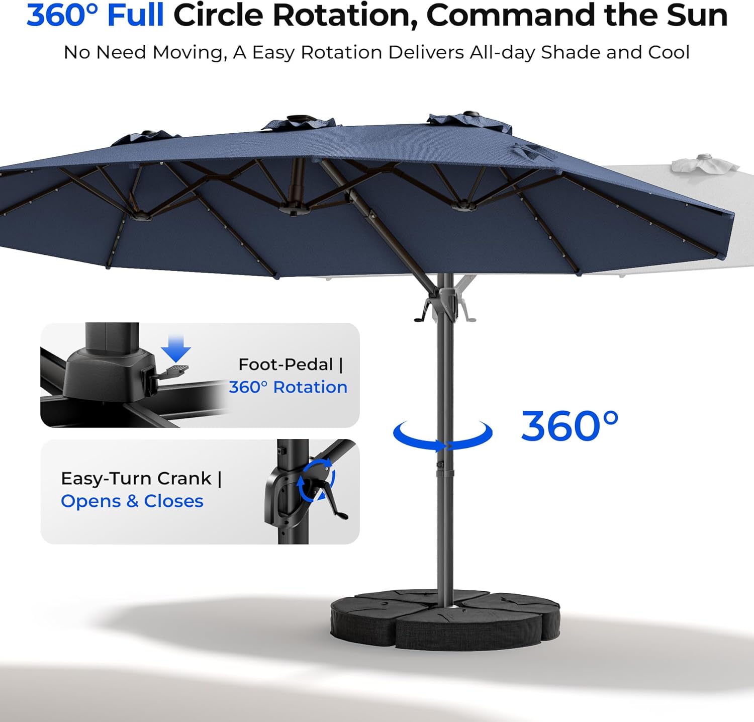 HY41LBO 15FT Cantilever Double Sided Patio Umbrella with Base, 360° Rotation Solar LED Large Offset Umbrella