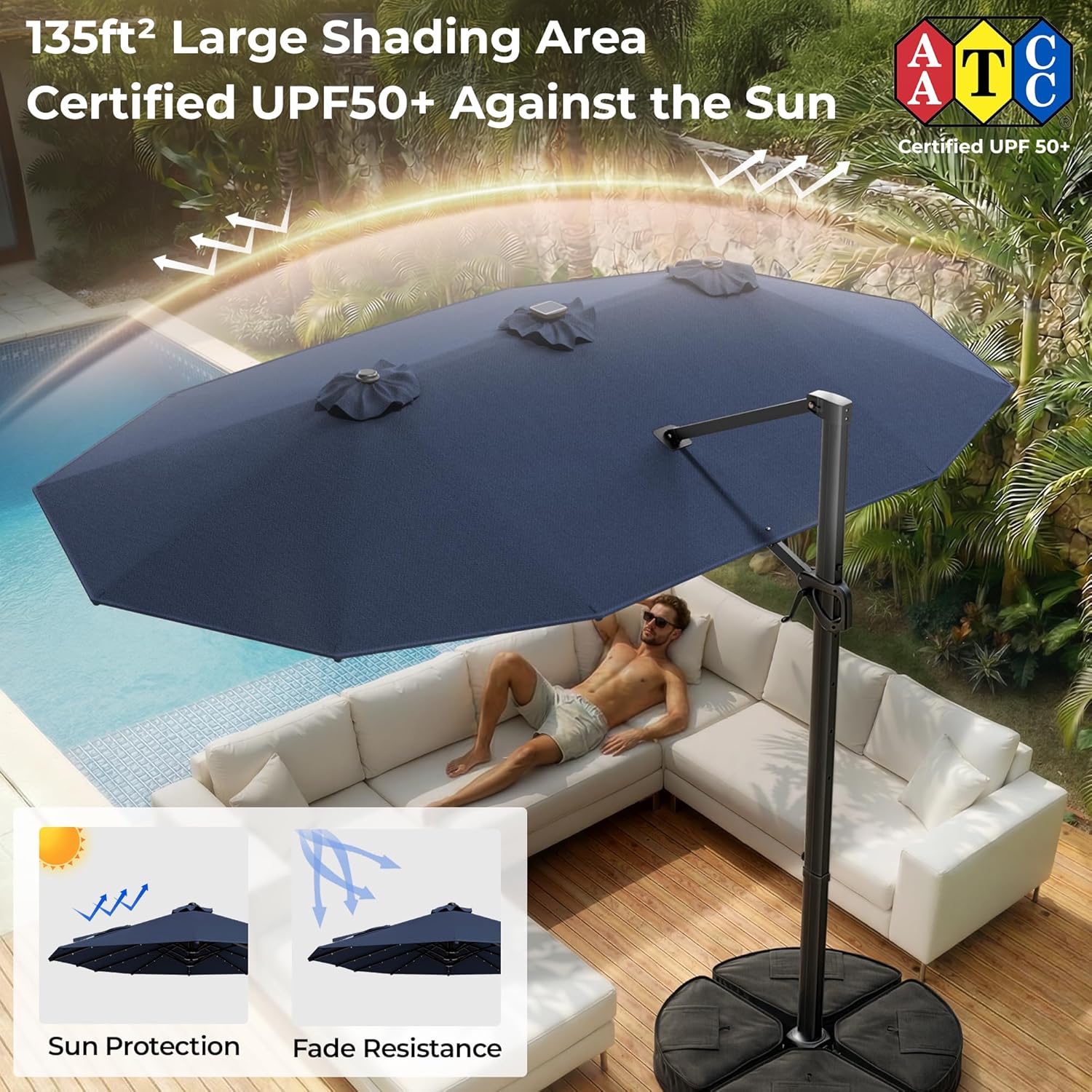 HY41LBO 15FT Cantilever Double Sided Patio Umbrella with Base, 360° Rotation Solar LED Large Offset Umbrella