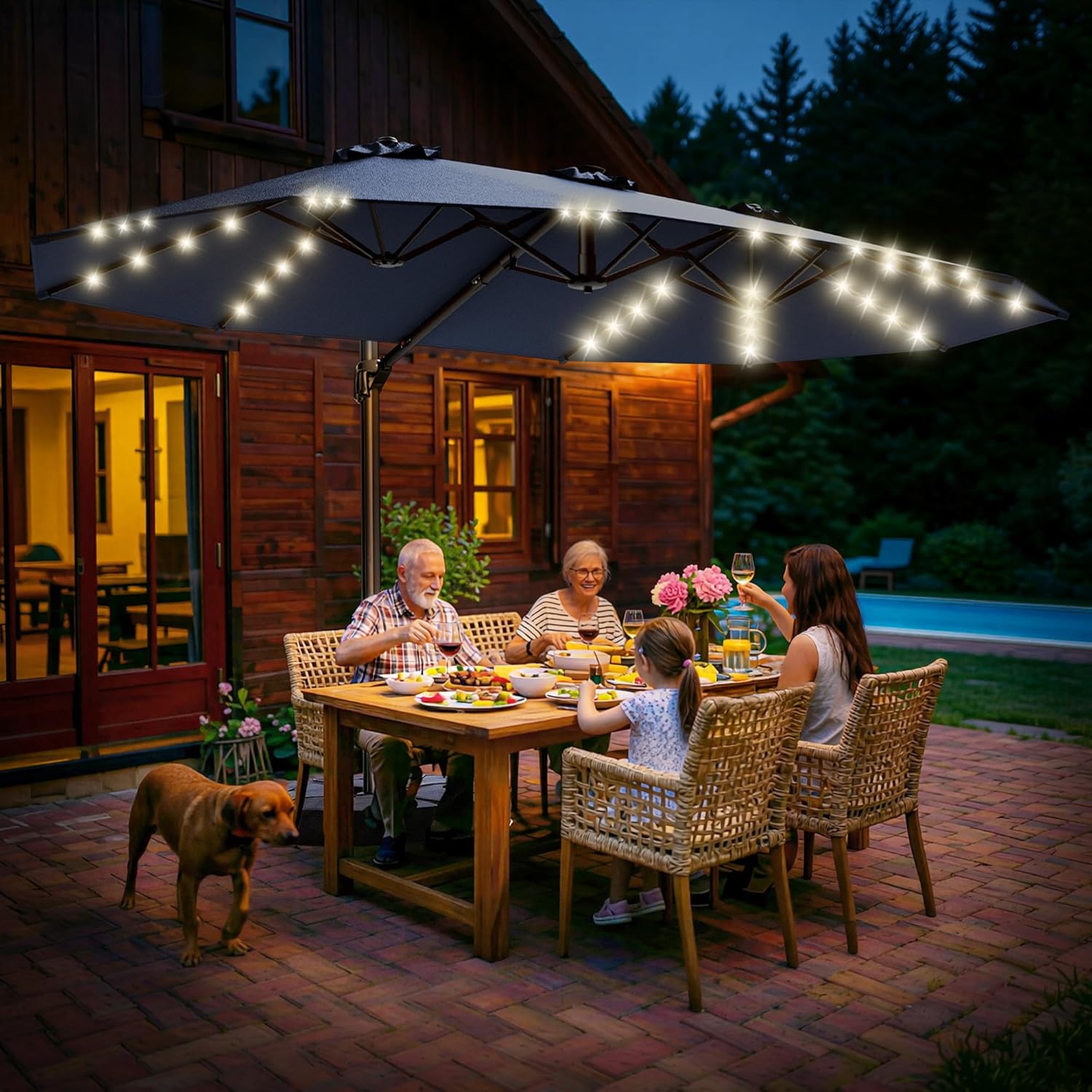 HY41LBO 15FT Cantilever Double Sided Patio Umbrella with Base, 360° Rotation Solar LED Large Offset Umbrella