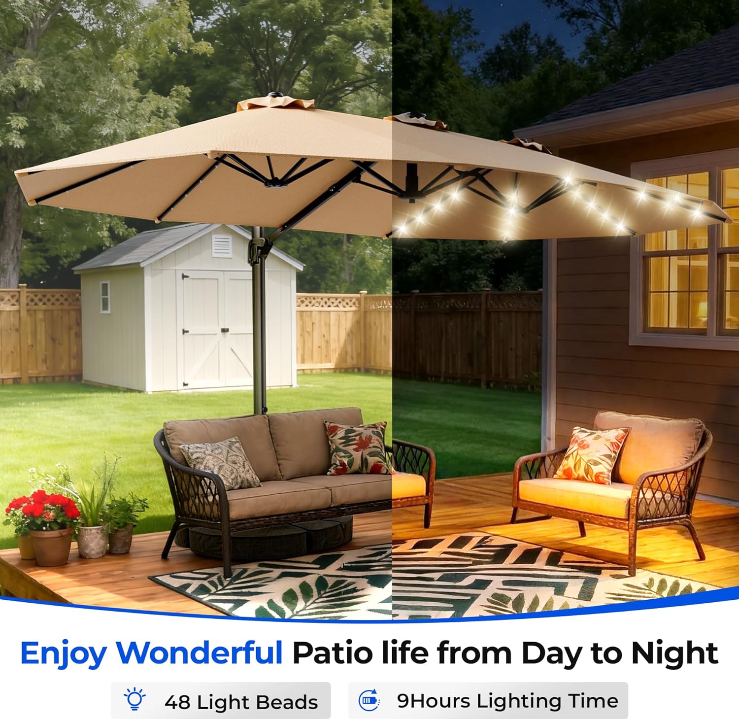 HY41LBO 15FT Cantilever Double Sided Patio Umbrella with Base, 360° Rotation Solar LED Large Offset Umbrella