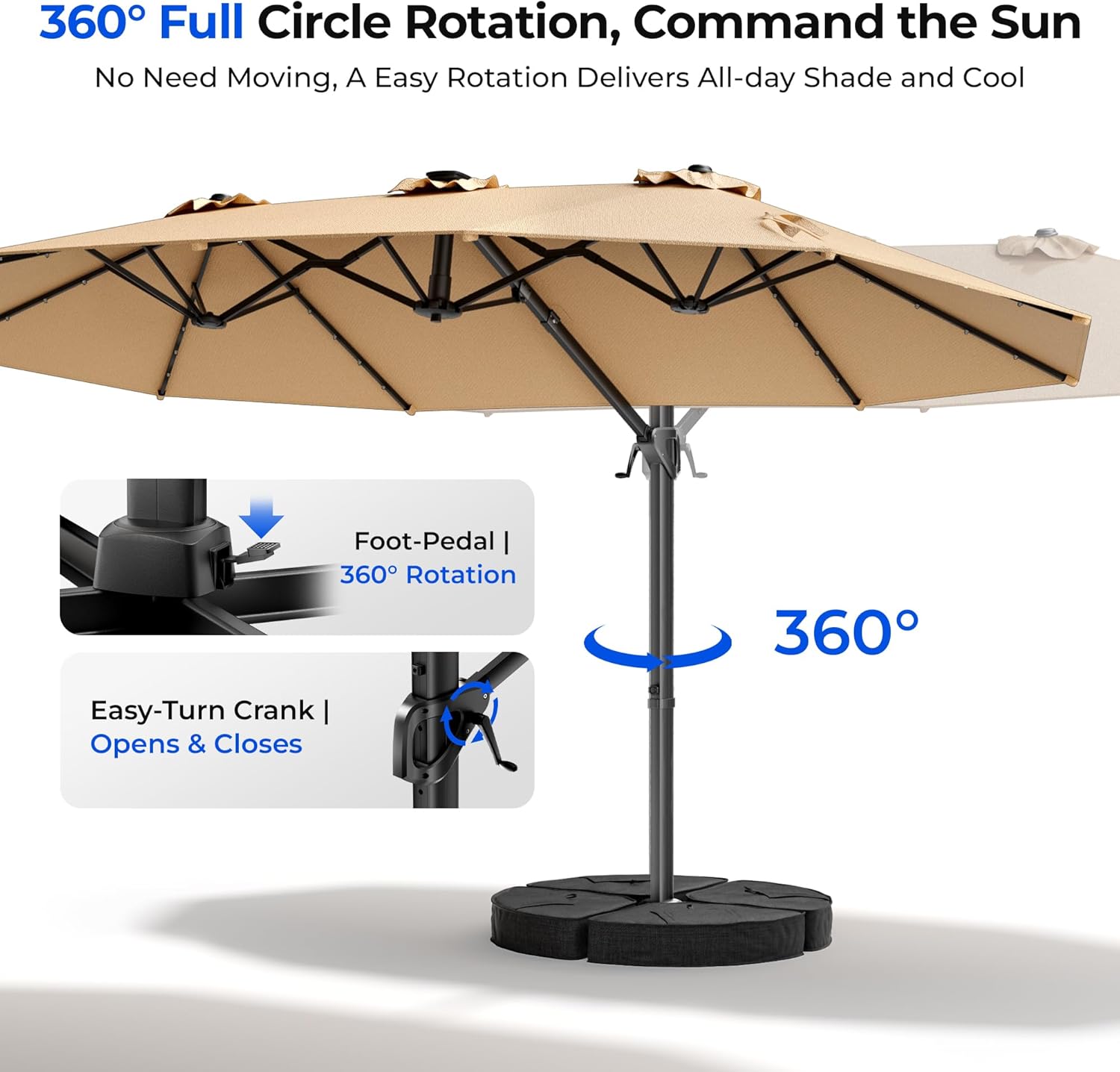 HY41LBO 15FT Cantilever Double Sided Patio Umbrella with Base, 360° Rotation Solar LED Large Offset Umbrella