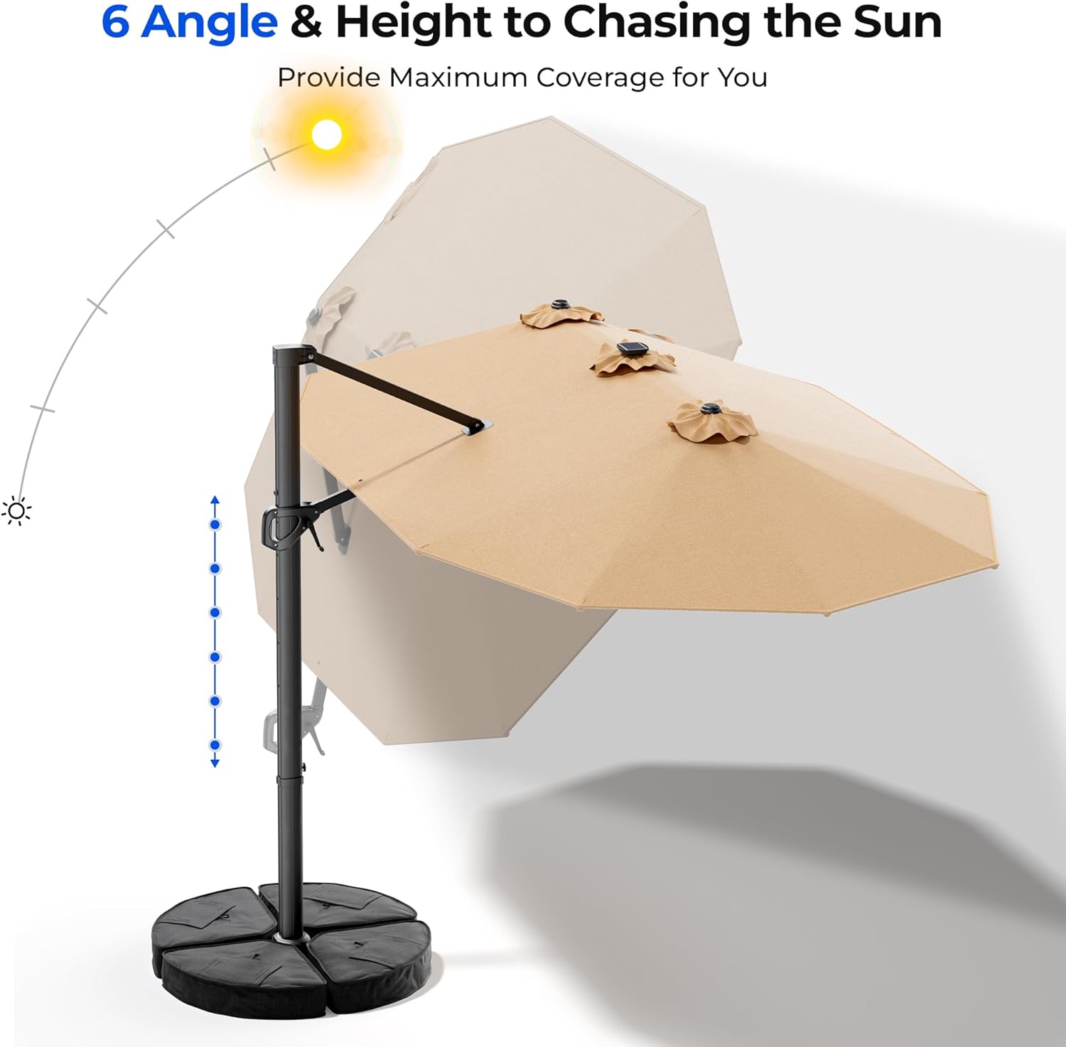 HY41LBO 15FT Cantilever Double Sided Patio Umbrella with Base, 360° Rotation Solar LED Large Offset Umbrella