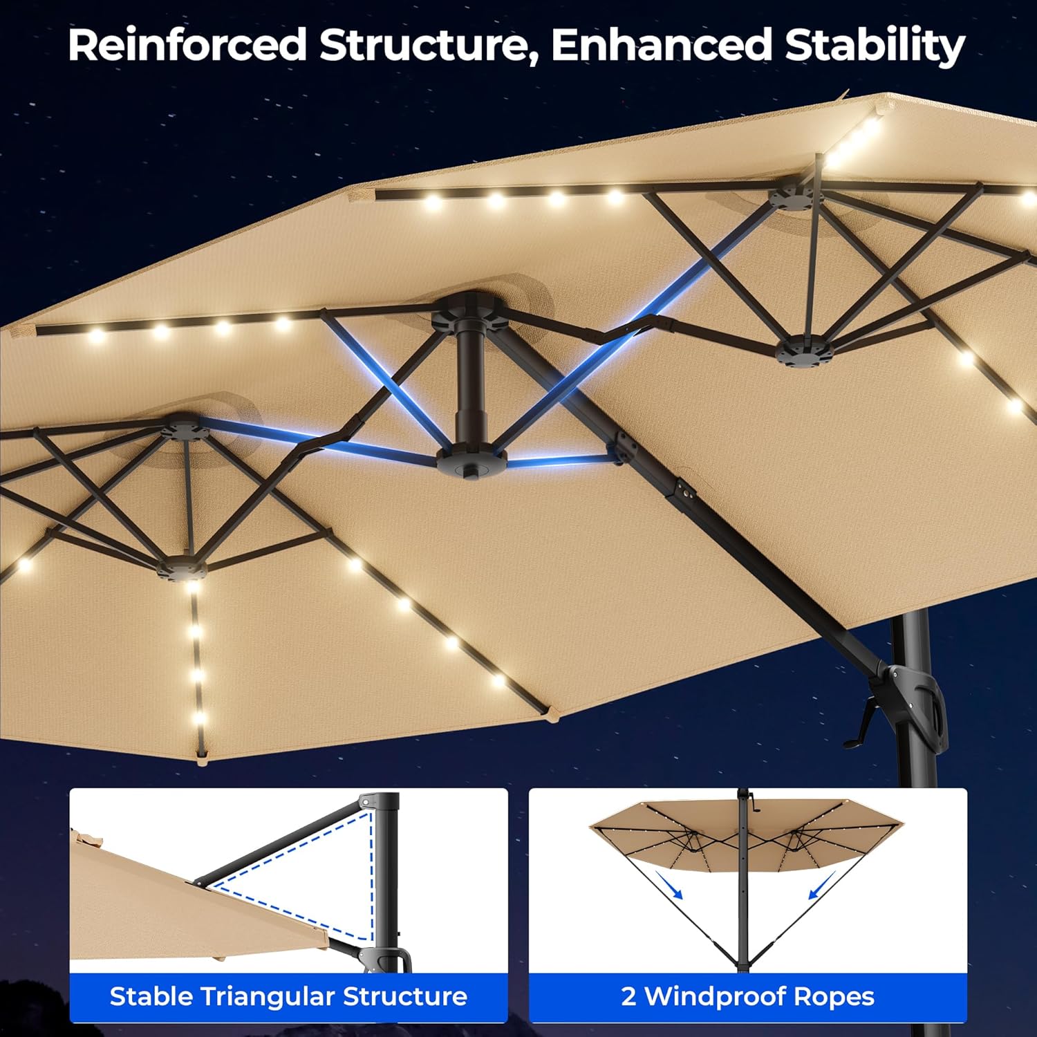 HY41LBO 15FT Cantilever Double Sided Patio Umbrella with Base, 360° Rotation Solar LED Large Offset Umbrella