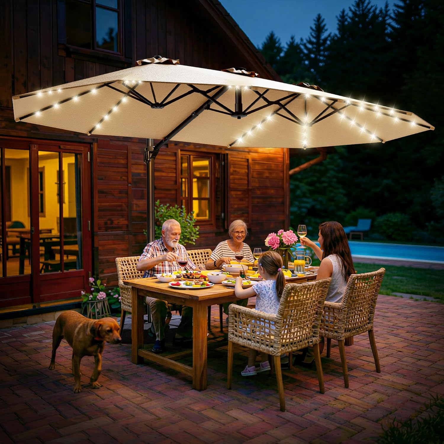 HY41LBO 15FT Cantilever Double Sided Patio Umbrella with Base, 360° Rotation Solar LED Large Offset Umbrella